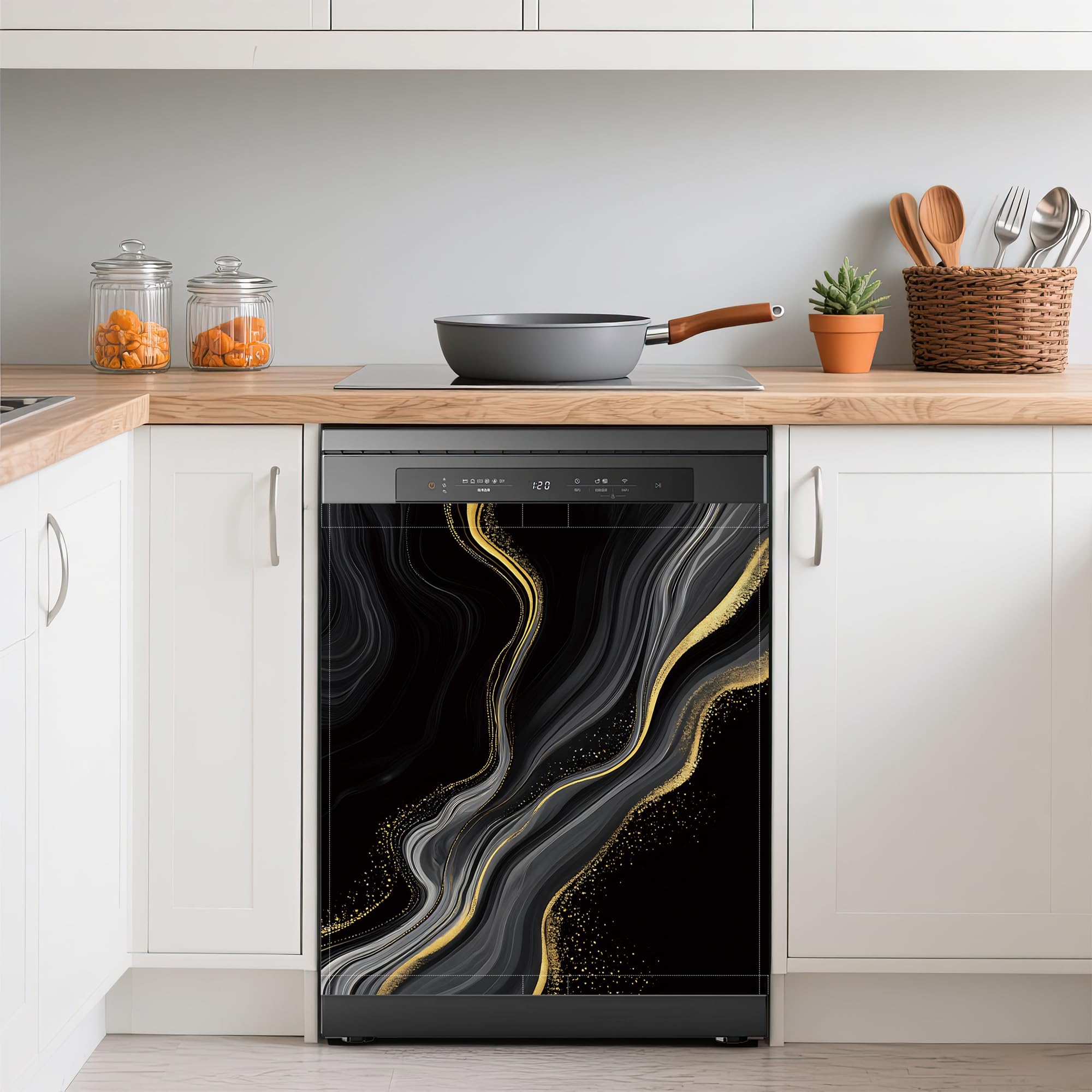 Dishwasher Cover,Black Gold Marble Reusable Dishwasher Magnet Cover,Decorative Modern Magnetic Refrigerator Cover Front Panel Cover for Kitchen Decor 23x26 Inch
