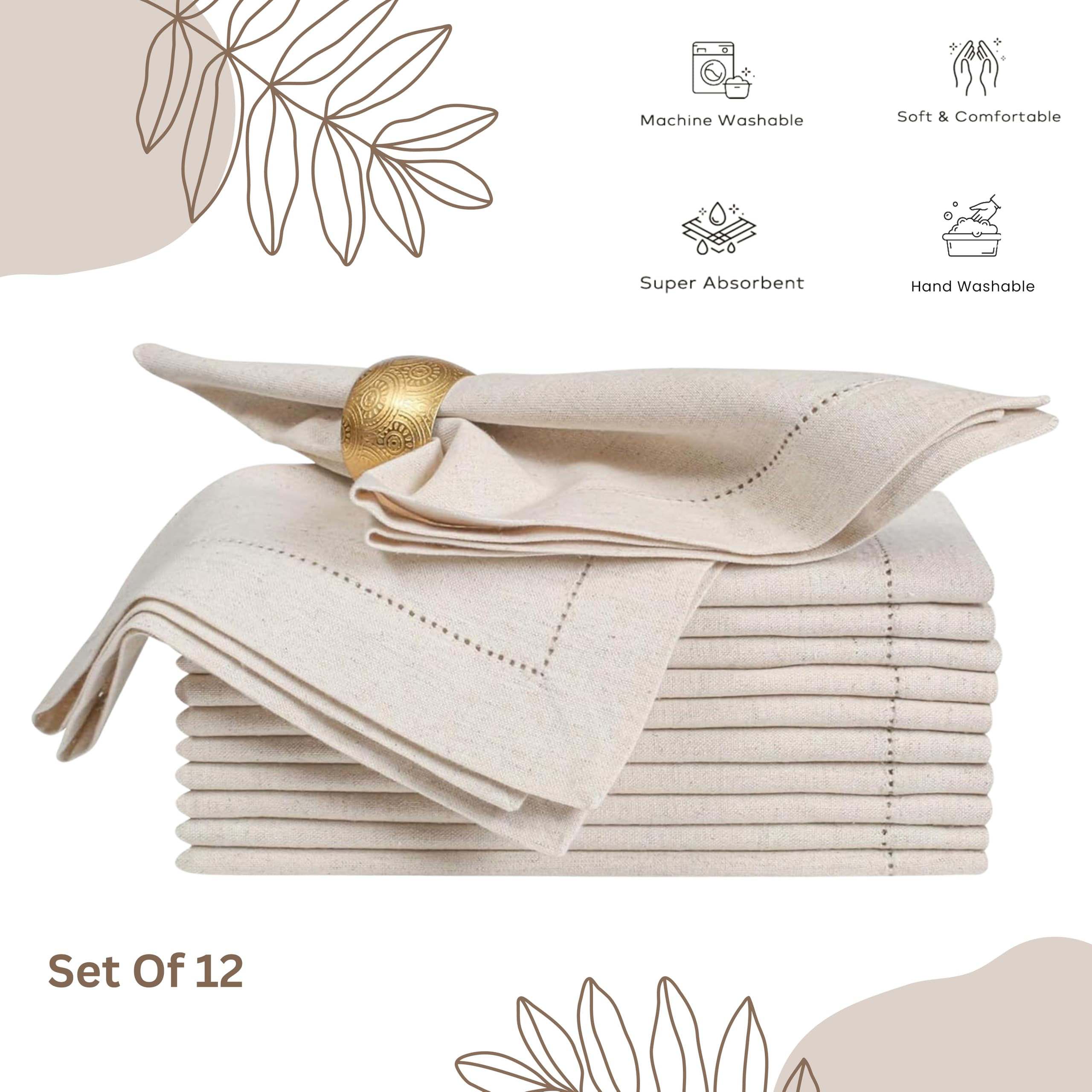 Micasa Decor Servietten 100% Baumwoll-Flachs - 12 Stück Naturfarben 45,7x45,7cm