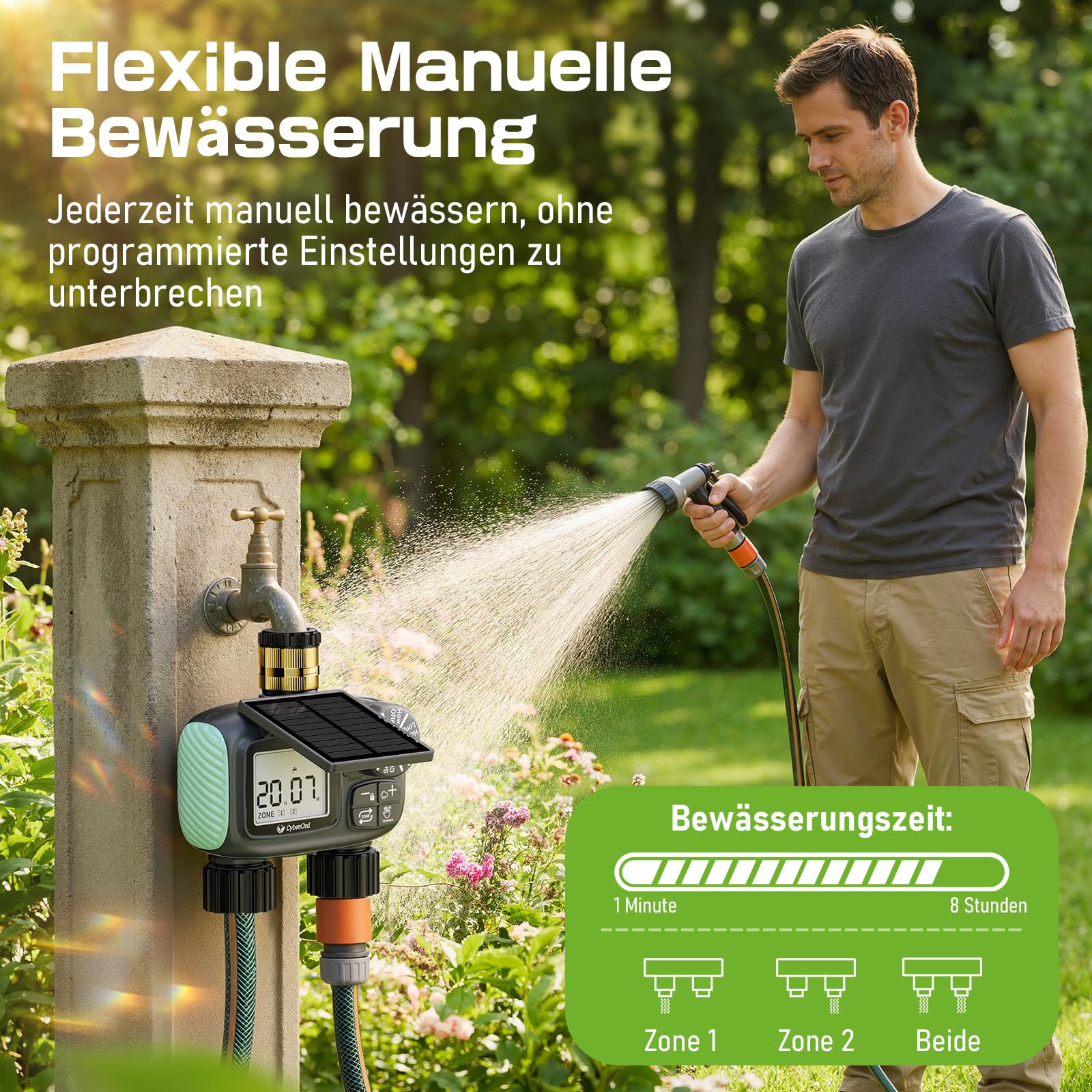 2-Zonen Solar Bewässerungscomputer, Automatische Bewässerung Wasser Zeitschaltuhr mit Solaraufladung, Bewässerungssteuerung mit Auto-/Manuell-/Regenverzögerungsmodi für Rasen/Terrasse/Garten