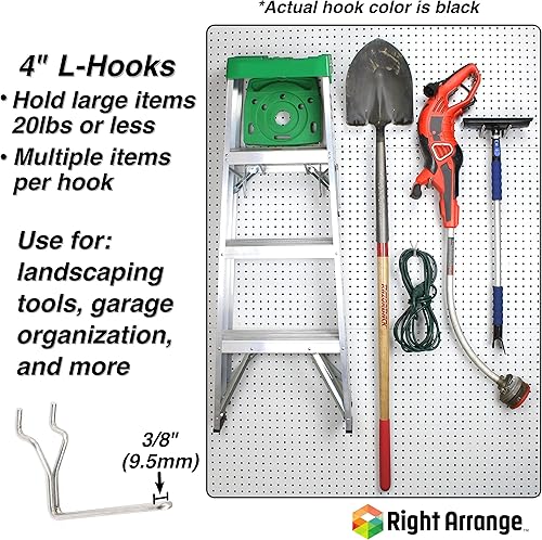 Miniatura 3 de Ganchos de acero inoxidable para tablero de clavijas, paquete de 50 ganchos de 4 pulgadas en L, no se caen, se adapta a cualquier tablero de