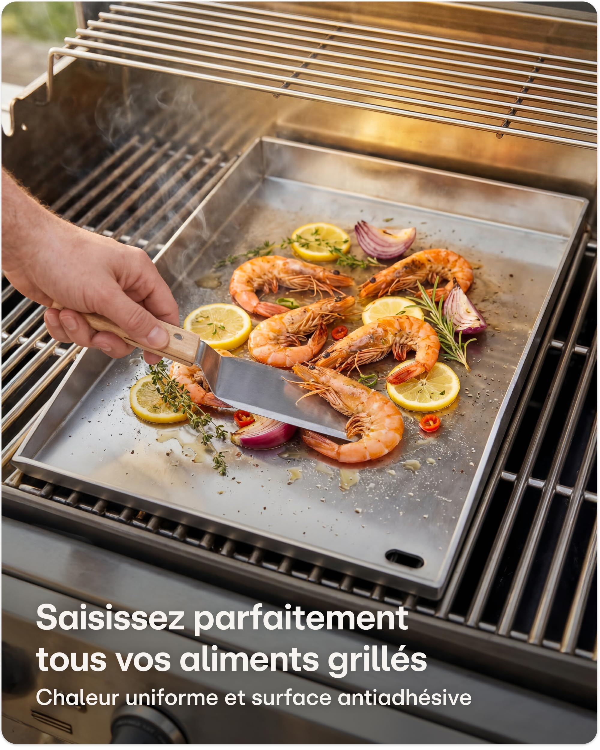 Praknu Plaque Plancha Barbecue Gaz (30x40 cm) – Avec Évacuation de Graisse – 2 Spatules Incluses – Plaque pour Barbecue Gaz & Charbon – Plancha Acier Facile à Nettoyer
