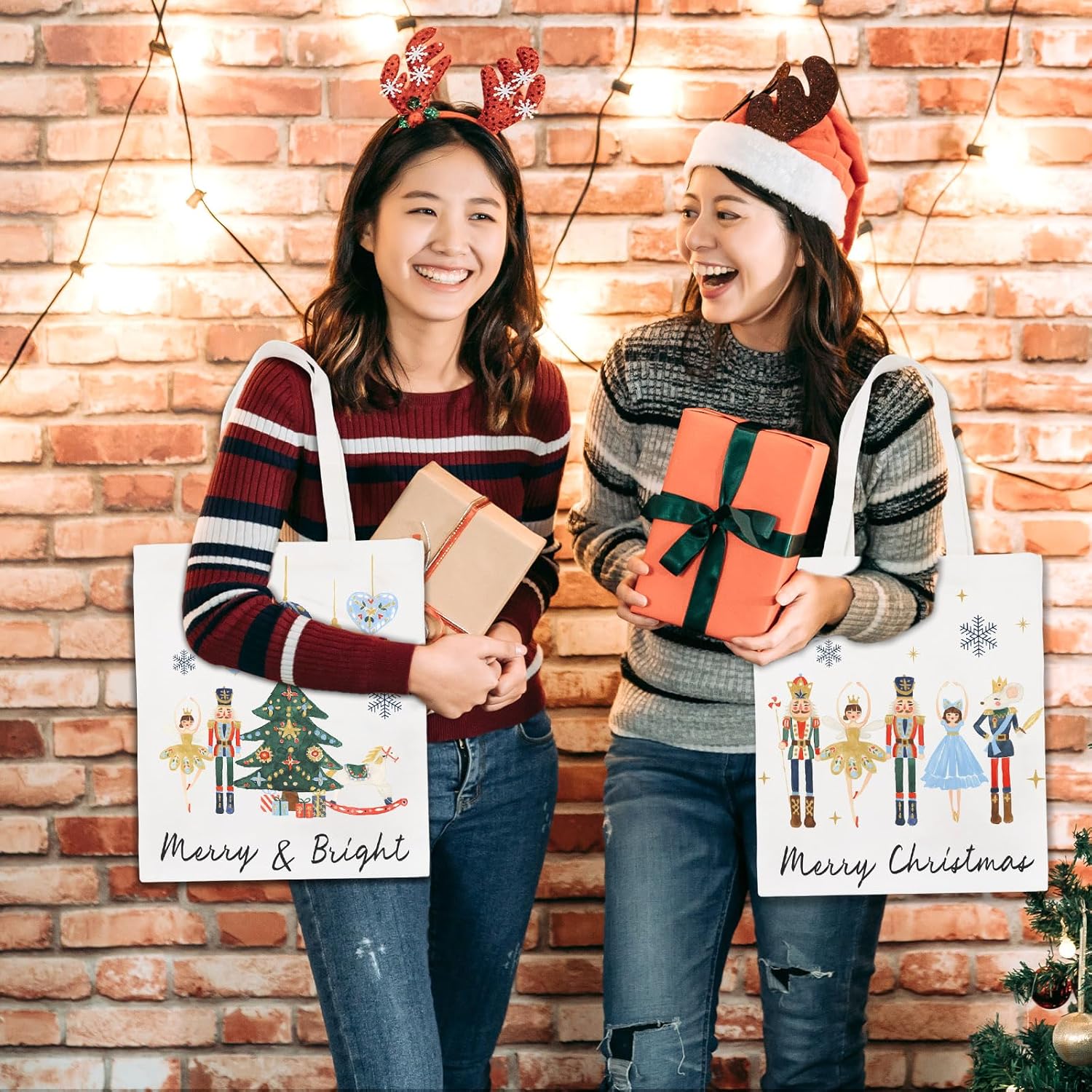 Whaline 2Pcs Christmas Canvas Tote Bags Nutcracker Xmas Balls Tree Grocery Shopping Bag Merry Christmas Reusable Gift Goodie Bag for Gifts Wrapping Storage - Image 5