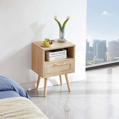 Miniatura 7 de Juego de 2 mesas auxiliares de ratán con estación de carga, mesas auxiliares para sofá, mesita de noche moderna con cajón para espacios pequeños,