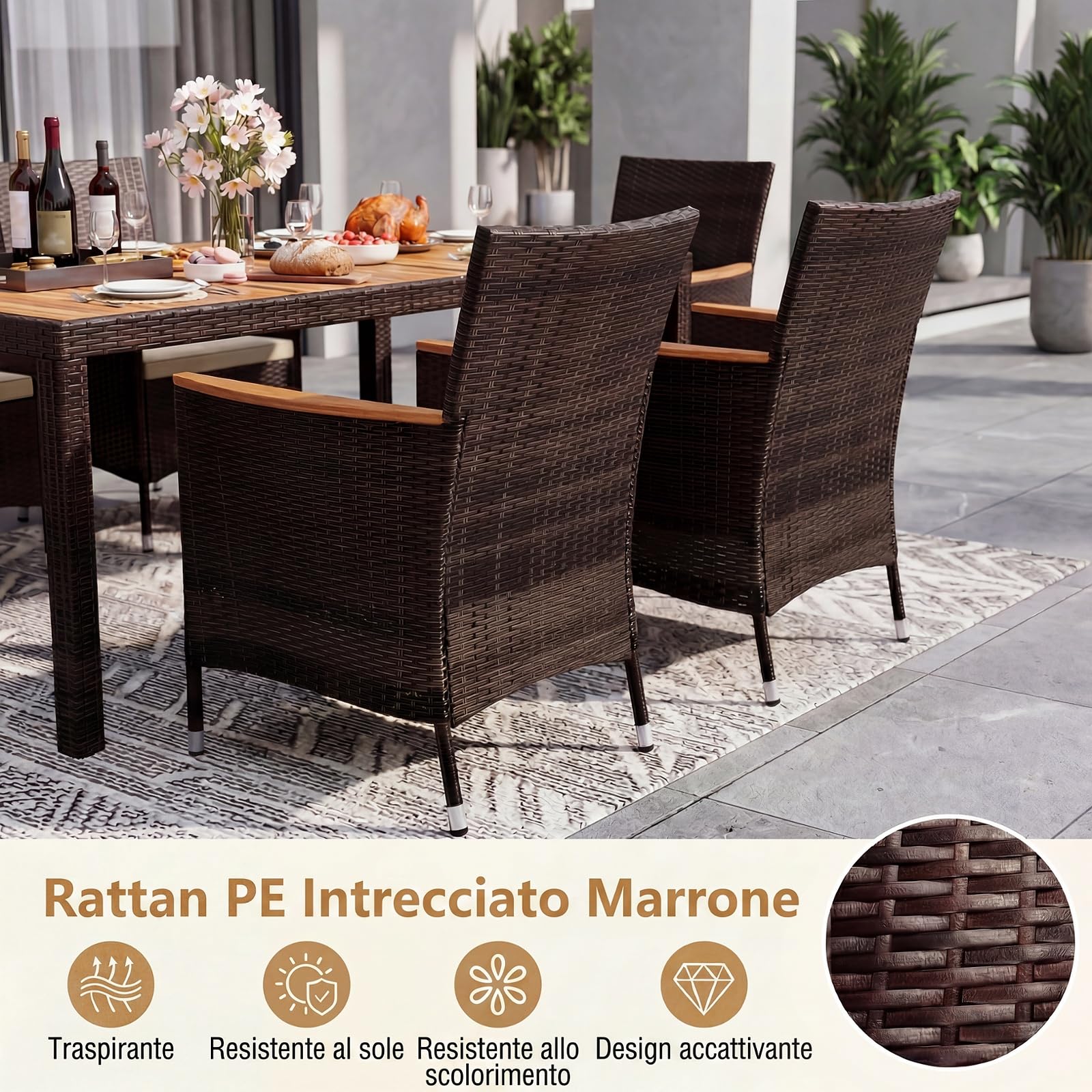SOARS Set da Giardino Esterno 9 Pezzi, Tavolo e Sedie da Giardino in PE Rattan con Foro per Ombrellone 5 CM, Salotto da Esterno con Cuscini Morbidi per Terrazza e Patio, Portata 180 KG e 150 KG