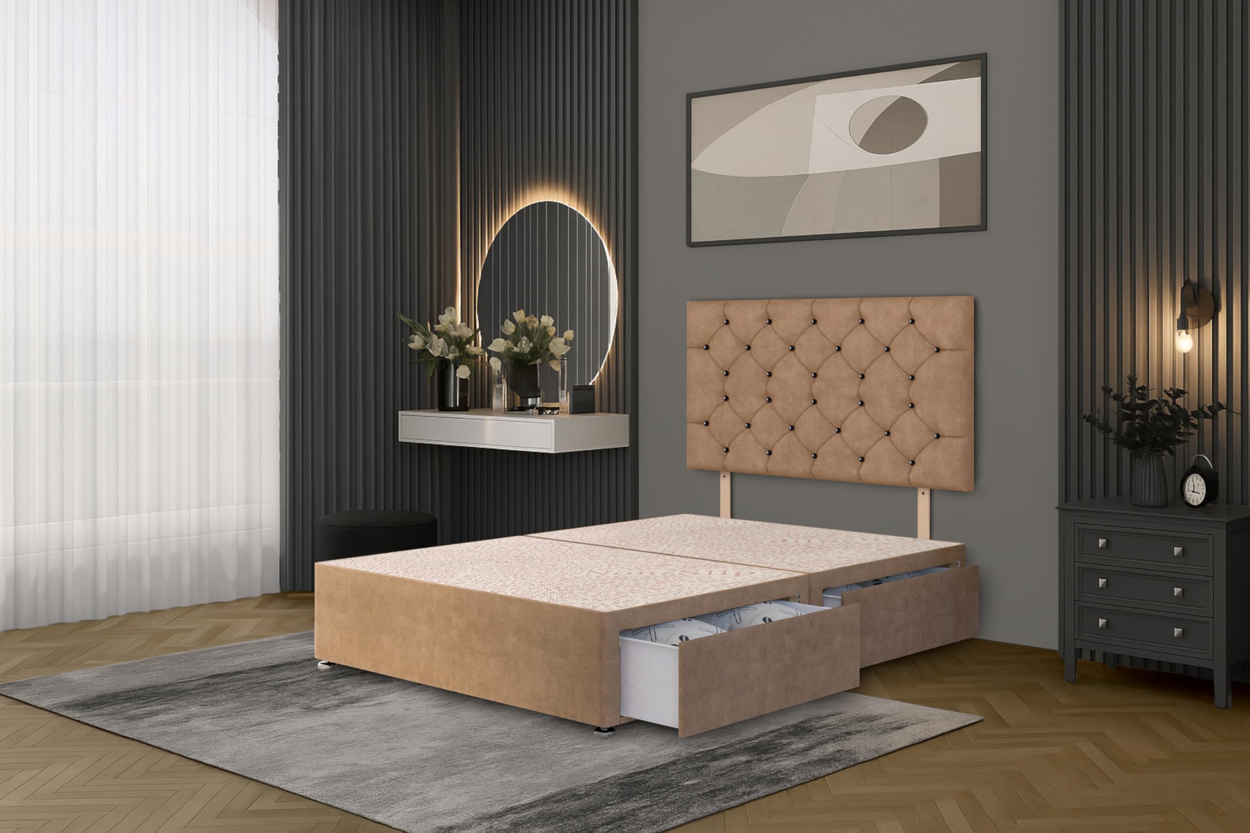 Bed Centre Premier Divan Base with 2 Drawers and Matching Headboard - Available in Multiple Fabrics and Colours (3FT Single, Plush Beige)