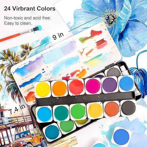 Miniatura 3 de AUREUO - Juego de pintura de acuarela de 24 colores, juego de sartenes de acuarela lavables con 1 pincel y paleta de plástico, juegos de pinturas de