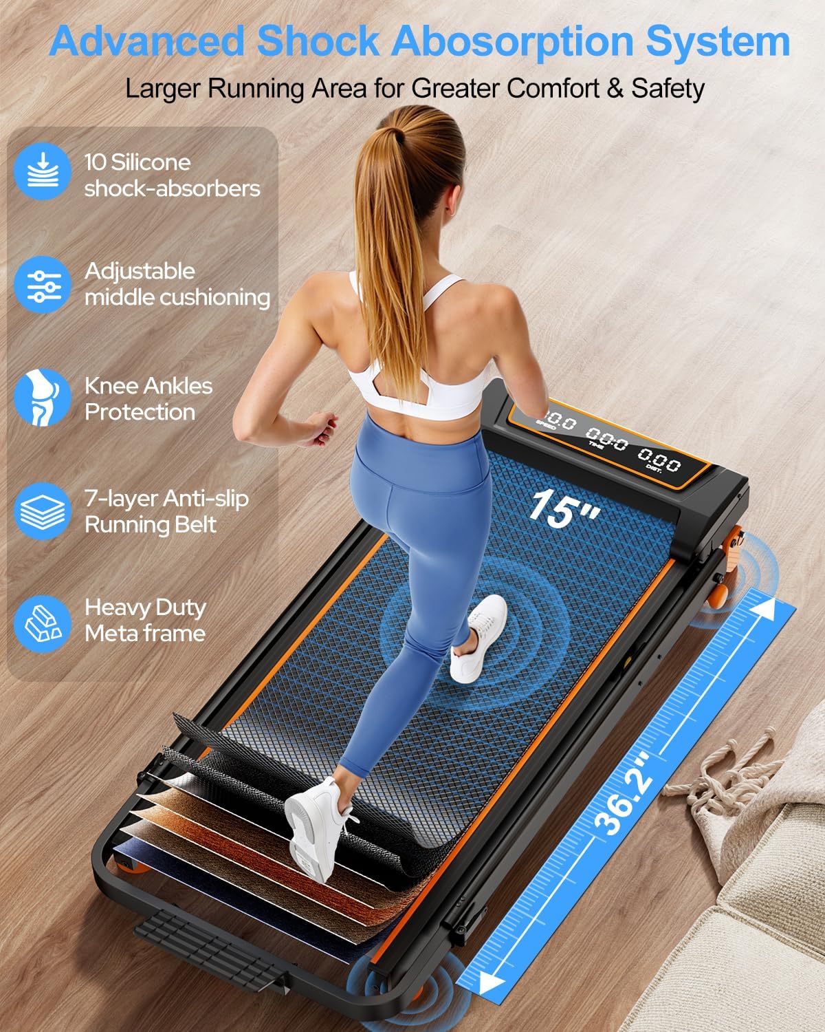 Walking Pad Treadmill with 15% Incline/Adjustable Height, Upgraded 3.5HP Walking Pad with Handle Bar, 4 in 1 Foldable Under Desk Treadmill, Electric Portable Treadmills for Home 350LBS, LED Display - Image 4
