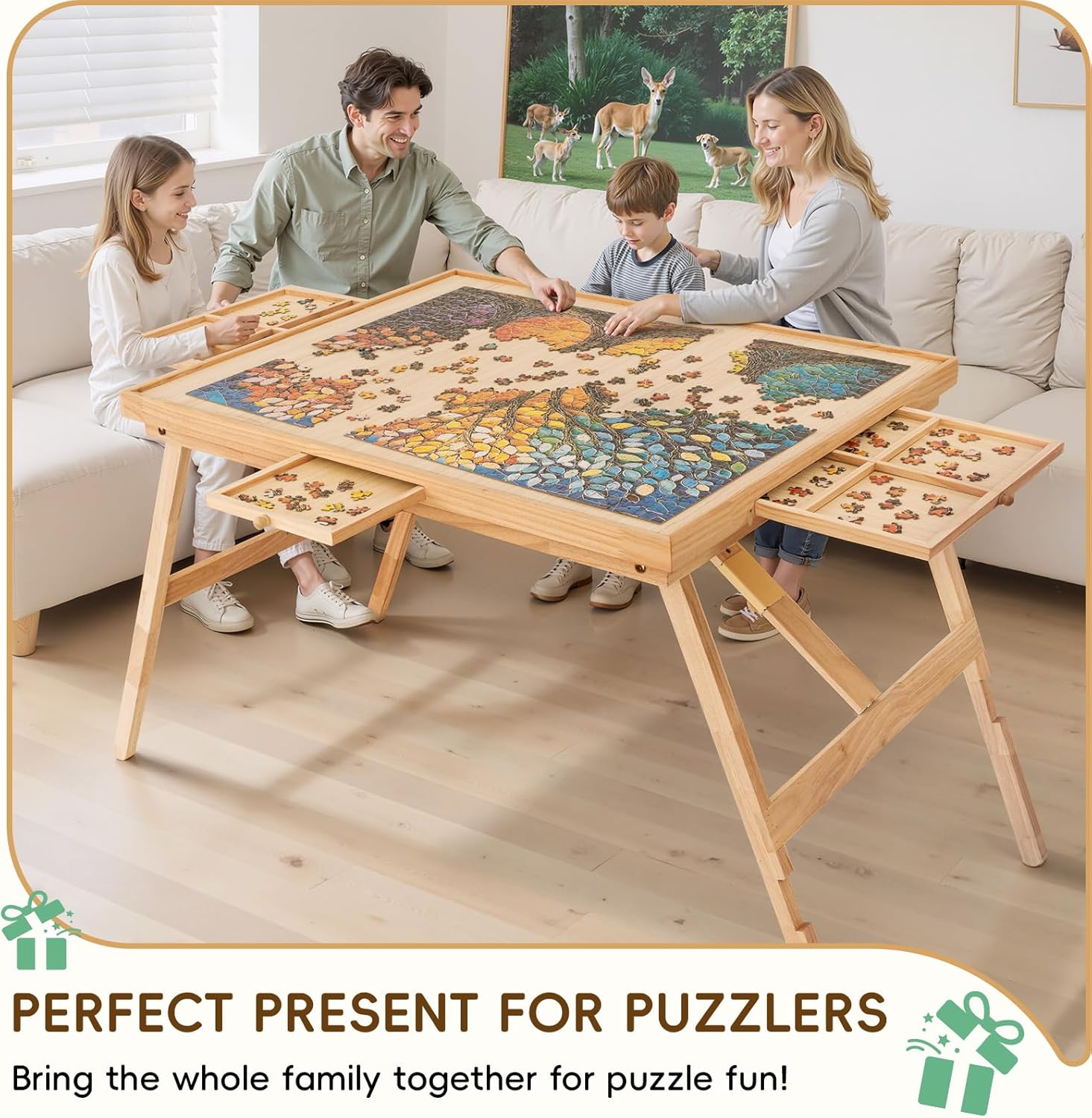 TEAKMAMA 1500 Pieces Puzzle Table 27.6" H Tall Puzzle Board with Drawers, 34.2" x 26.5" Wood Folding Jigsaw Table with Legs and Cover, Jigsaw Board for Adults, Nature