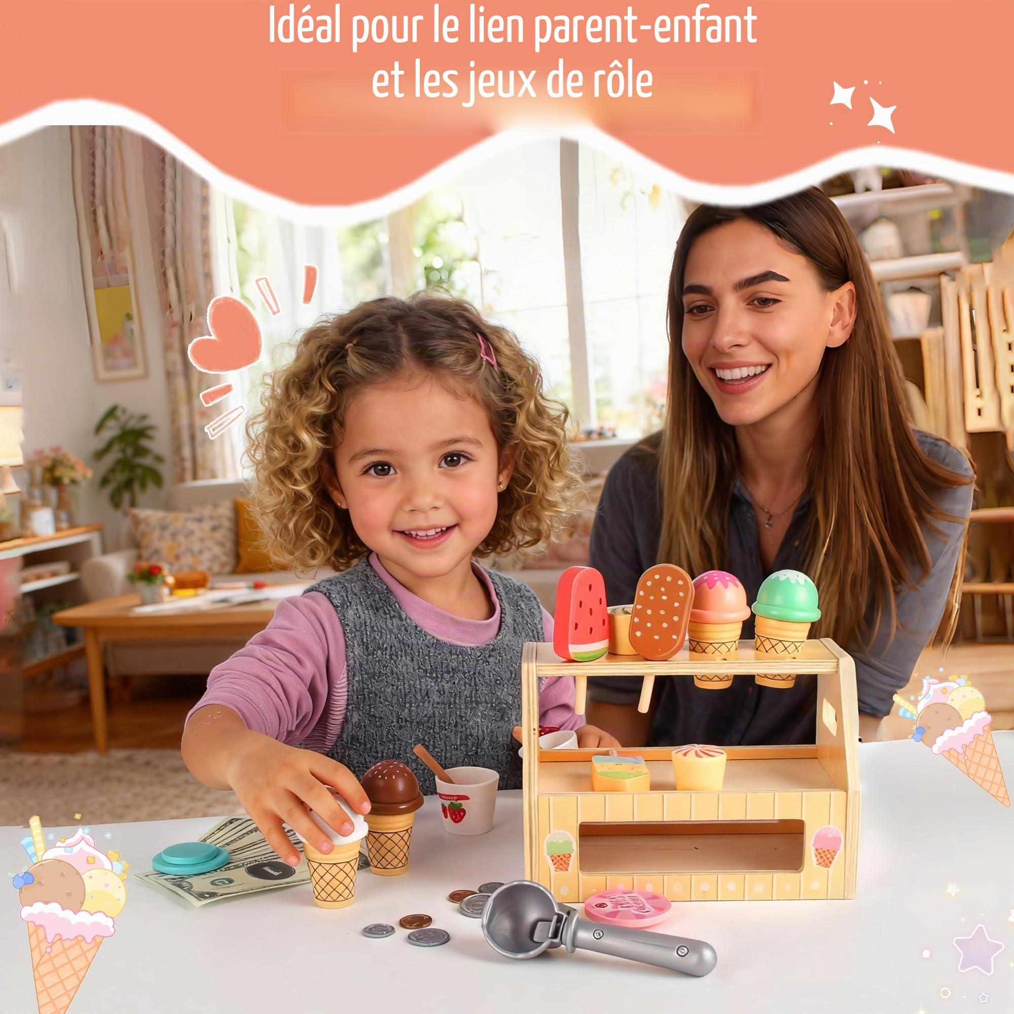 Glacier en Bois pour Enfant avec Comptoir de Glace, Jouet à Crème Glacée Marchande Enfants, Glaciere Jouet de Cuisine Montessori, Jouet en Bois Éducatif pour Jeu de Rôle à Partir de 3 Ans