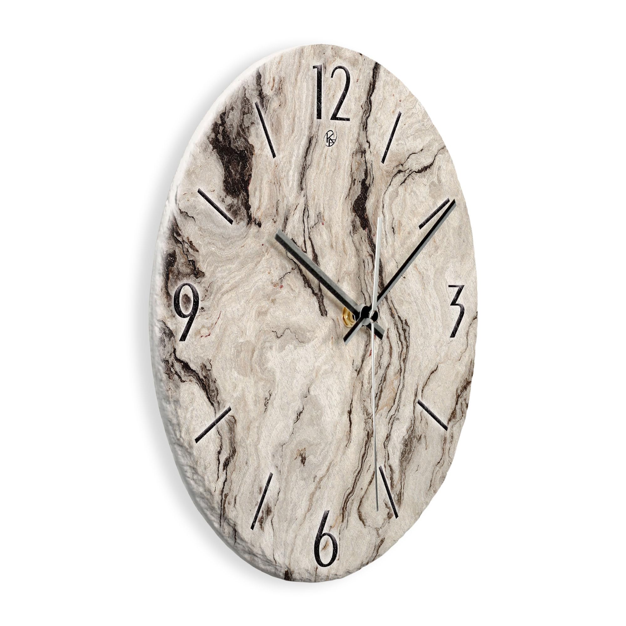 Kreative Feder Wanduhr „Marmor-Optik“ aus Stein (Keramik) in Schiefer-Optik; Durchmesser 30cm; mit leisem Uhrwerk (Marmor-Optik, leises Quarzuhrwerk)