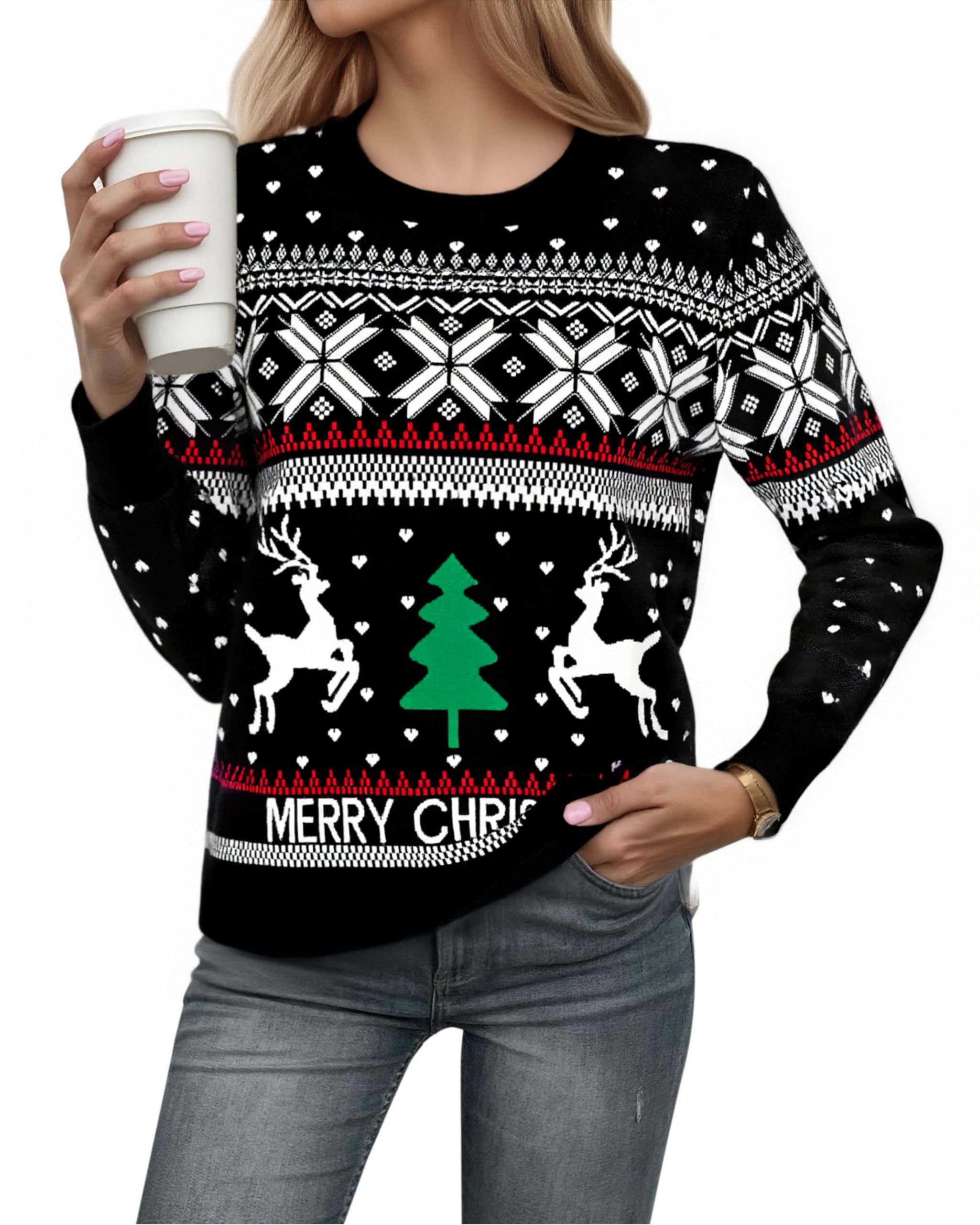 Bresdk Weihnachtspullover Damen Weihnachtspulli Mit Rundhalsausschnitt Schneeflocken Ugly Christmas Sweater Herzen Weihnachtsoutfit Elch Pullover Weihnachten