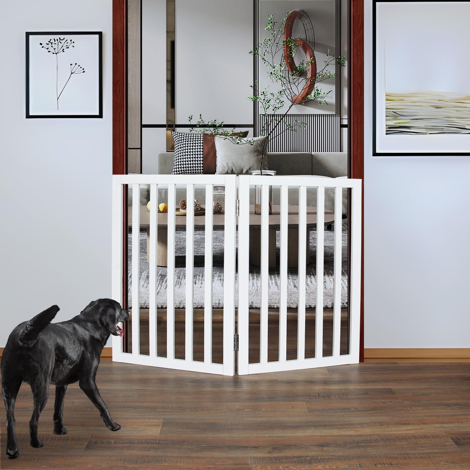 ZJSF Freestanding Indoor Dog Gate for House Foldable Wood White Puppy Gate for Doorways Pet Gate for Stairs Extra Wide Pet Fence 32" Height 2 Panels