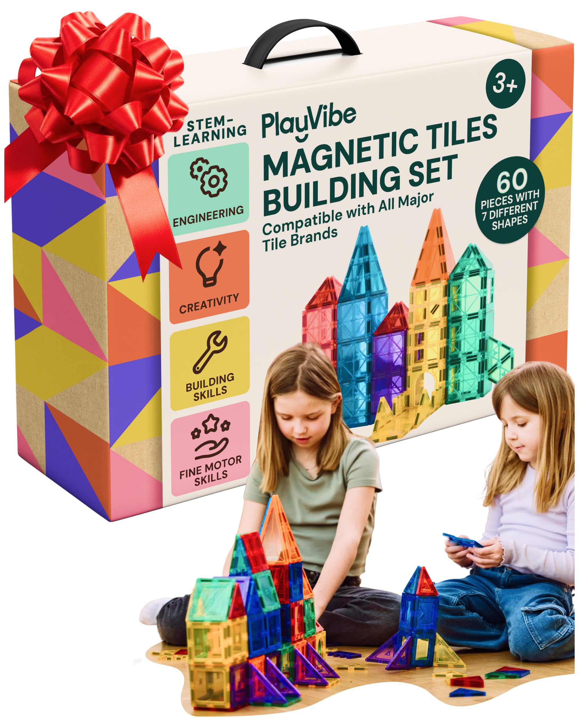 Magnetic Tiles - 60 Piece Set, Multicolor - STEM Play & Stem Toys - Strong Magnets, Magnetic Shapes, Tile Building Blocks - Educational Sensory Toys Gift for Kids Christmas & Birthday Present