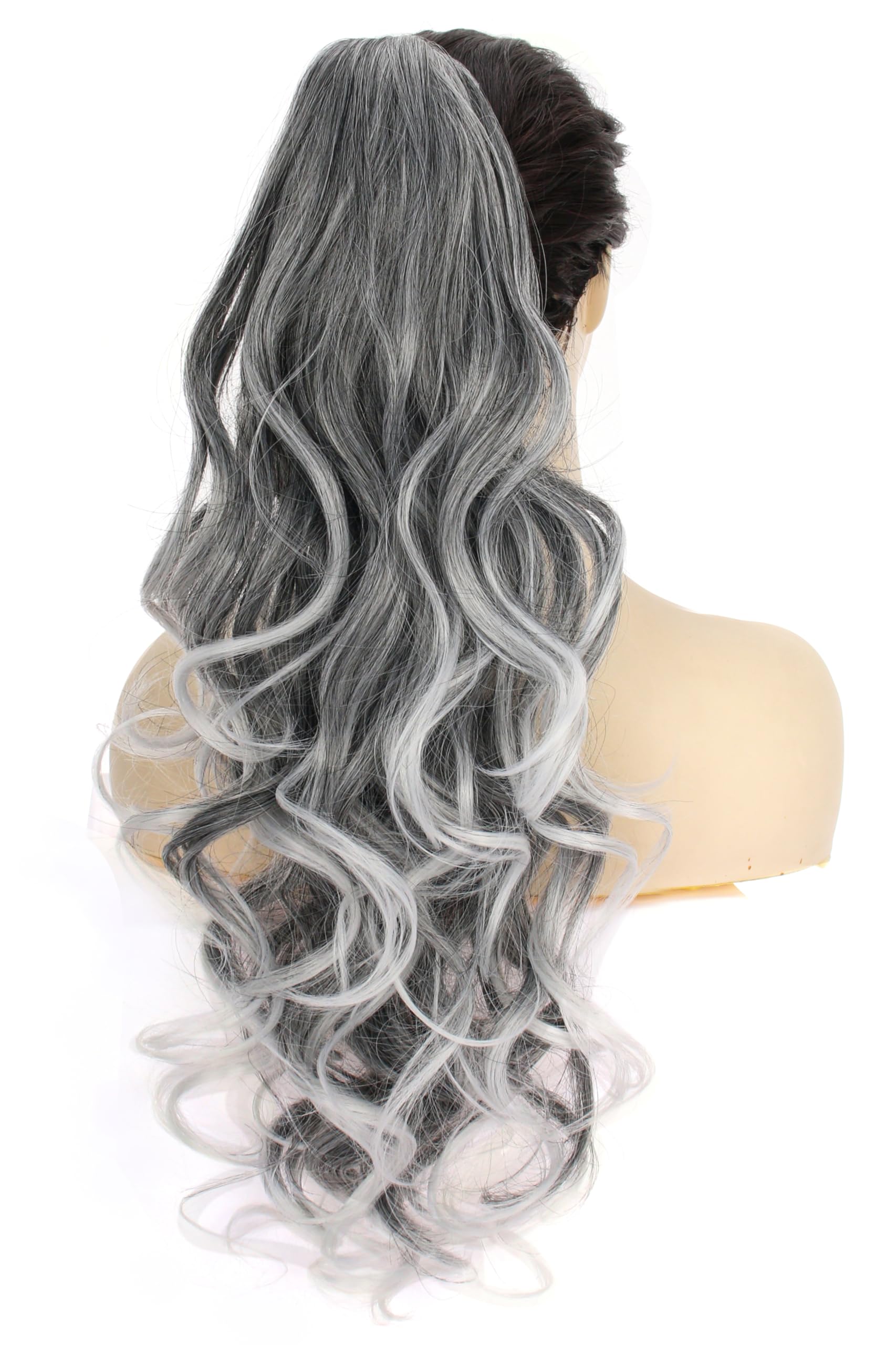 PORSMEER Ponytail Hair Extension Claw Clip in Ponytail Extensions Long Curly Wavy Ponytail Hair Extension Jaw Clip on Pony Tails Hairpiece for Women 26 inches (Grey with White Hightlights) - Image 3