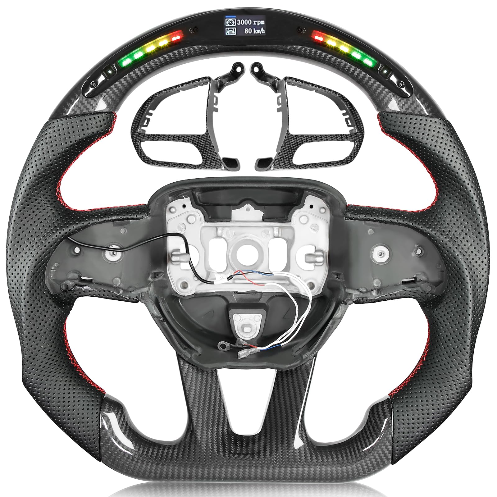 LED Carbon Fiber Steering Wheel for Dodge Challenger 2015–2024, 3K Glossy Finish, D-Shape Flat-Bottom, Black Grip with Red Stitching, Matching Carbon-Fiber Accent Piece Included