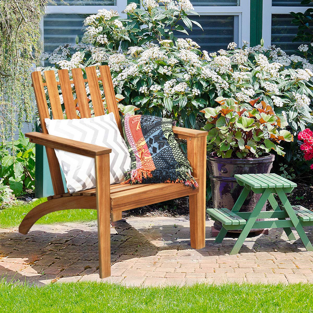 KOMFOTTEU Adirondack - Sedia da giardino in legno di acacia, con schienale e braccioli, ergonomica, da giardino fino a 160 kg, per balcone, giardino, spiaggia (naturale)