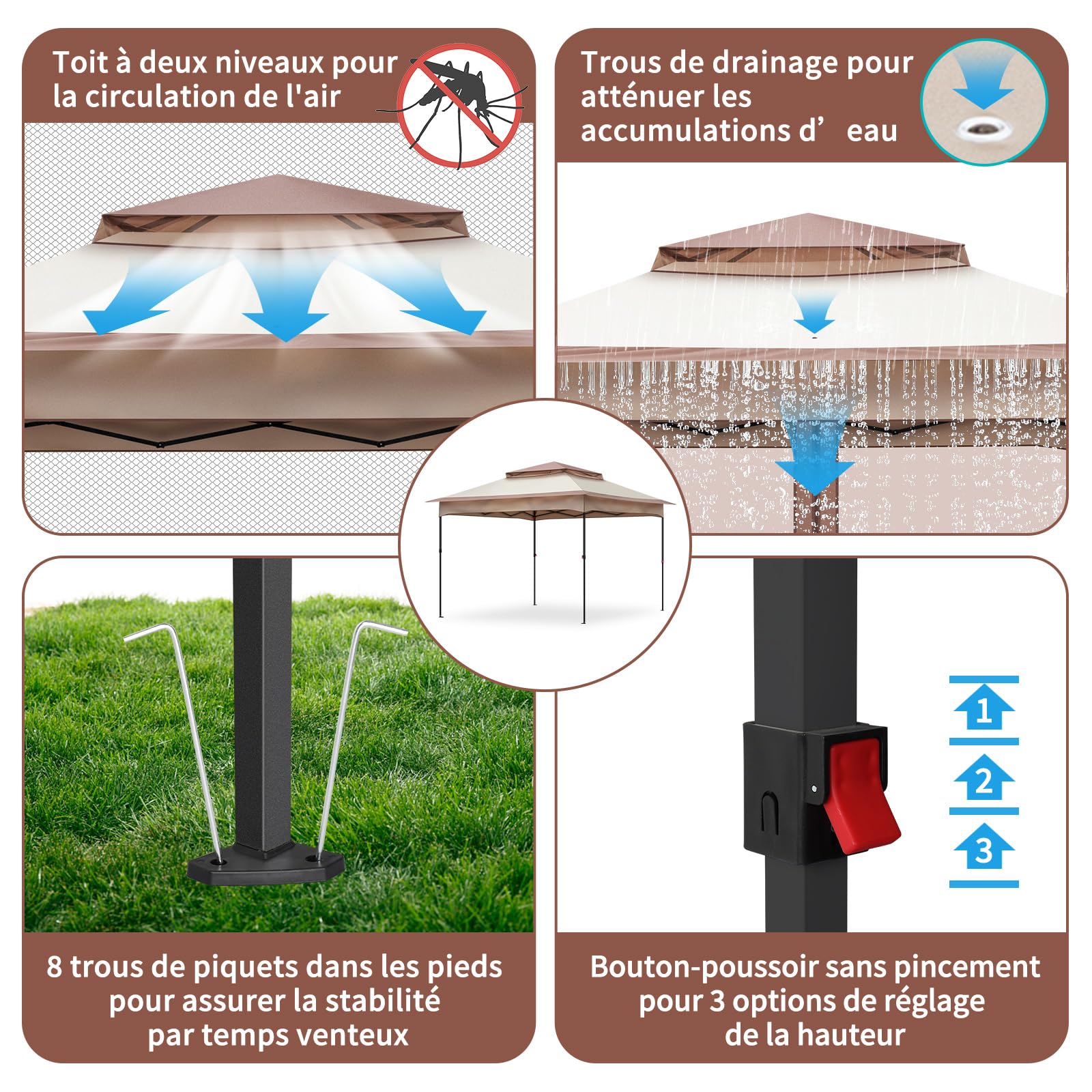 LEADZM 3.3x3.3m Tonnelle de Jardin Pliable,Pop-up,avec 4 Moustiquaire Barnum,Anti-UV 50+,Cadres en Acier,Convient pour la Fête, l'extérieur,Patio,Camping,Kaki