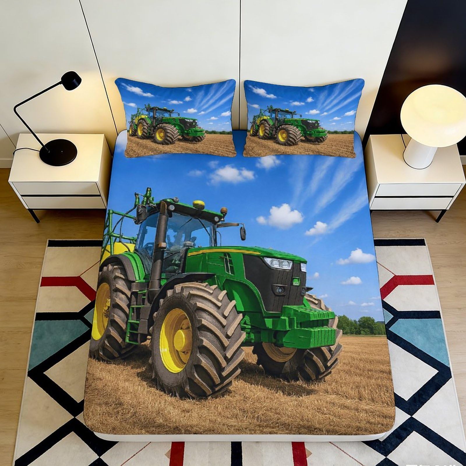 3D Printed Farm Tractor Fitted Sheet Microfiber Non-Slip Deep Pocket Farm Tractor Mattress Fitted Cover Full Wrap Washable for Adults Teens 200x200x25cm 90x200x25cm