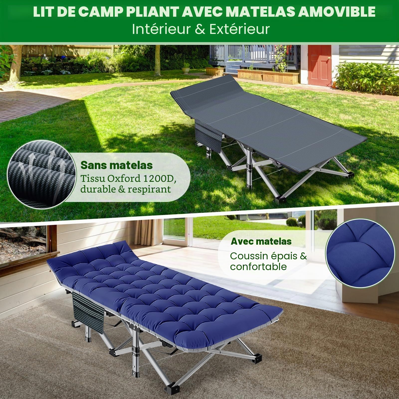 Lit de Camp Pliable avec Matelas, Lit Pliant Adulte 190 x 71 x 36 CM Charge Jusqu'à 200 kg Camping Bed Oxford 1200D 1 Personne pour Camping, Voyages, Maison, Jardin, Bureau