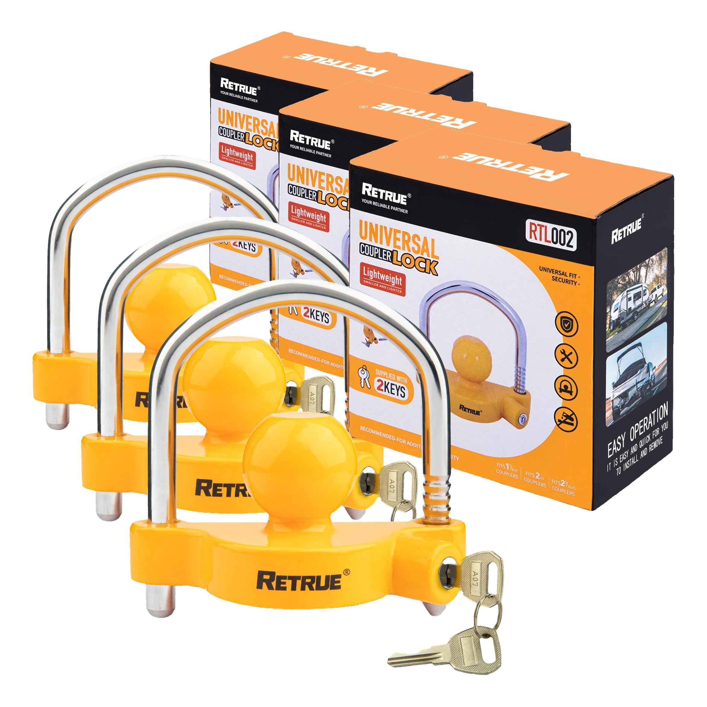 RETRUE Universal Coupler Lock Trailer Locks Ball Hitch Trailer Hitch Lock Adjustable Security Heavy-Duty Steel Fits 1-7/8 Inch, 2 Inch, 2-5/16 Inch Couplers, Yellow (Pack of 3)