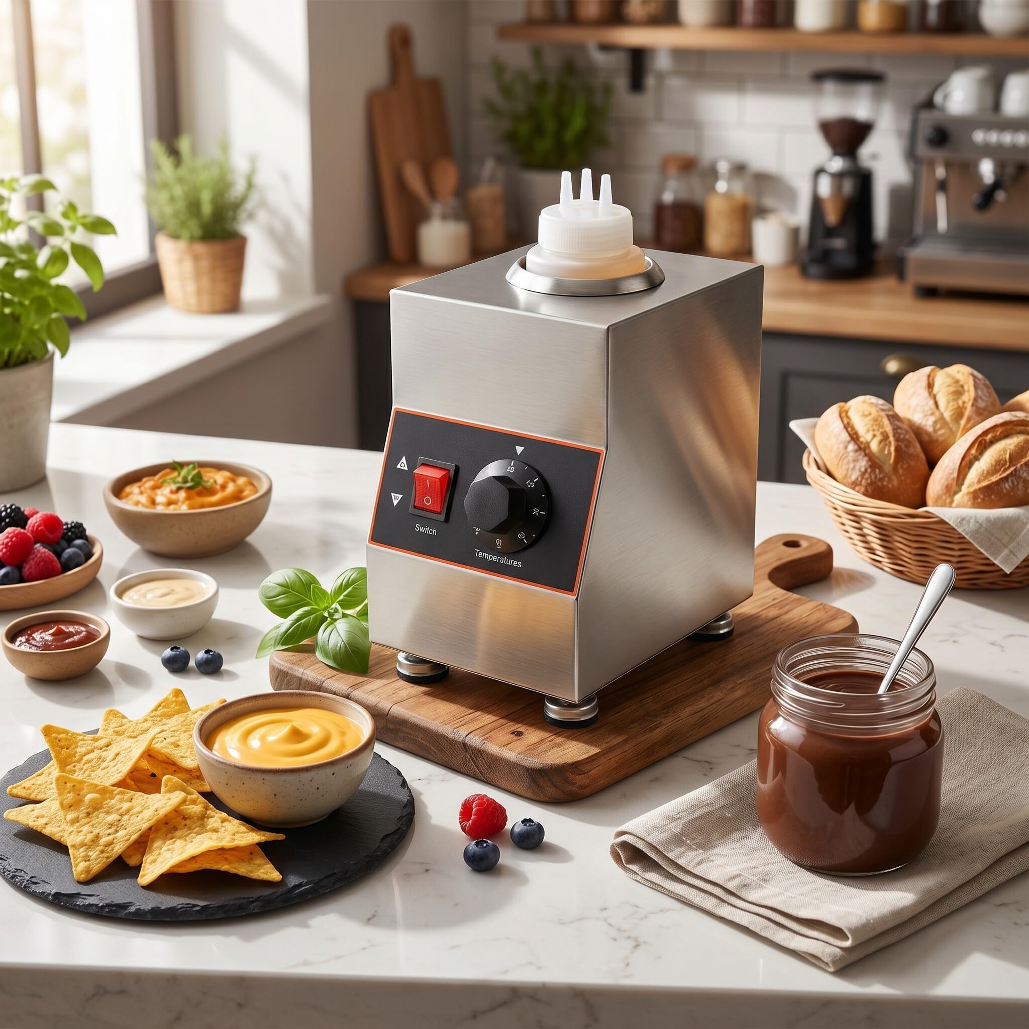 Calentador Eléctrico de Botellas de Salsa, Calentador de Queso Nacho con Botella de 650ML, Calentador de Salsa de Mermelada de Caramelo y Queso Caliente 86-185℉ (Enchufe europeo