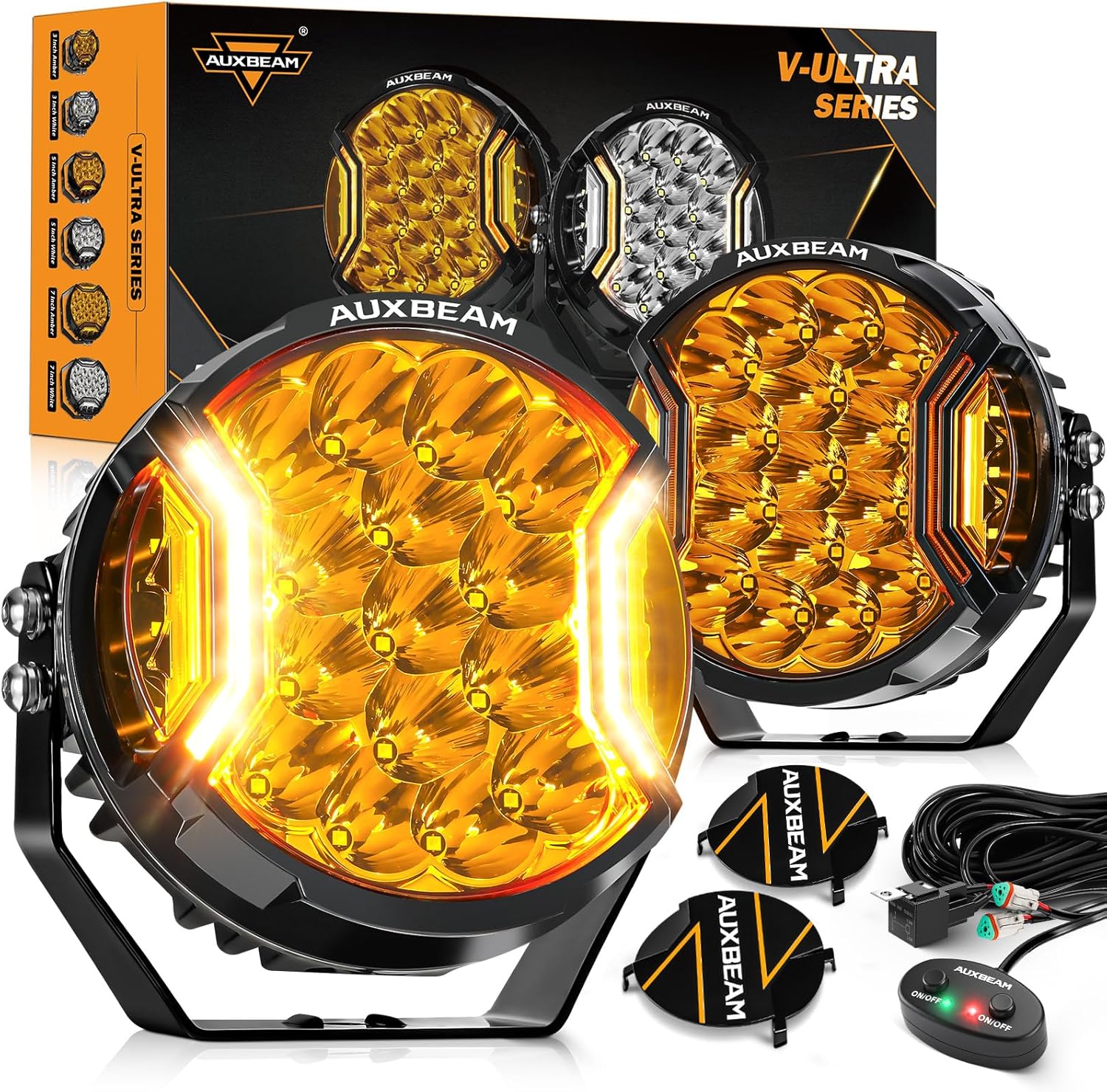 Auxbeam V-Ultra Series 7" 226W Side Shooter LED Offroad Lights, Amber DRL 3 Modes Light Bar, 270° Coverage Round LED Pods Spotlights, 26800LM Yellow Fog Lights with Protective Covers, Pair 7" V-Ultra Amber