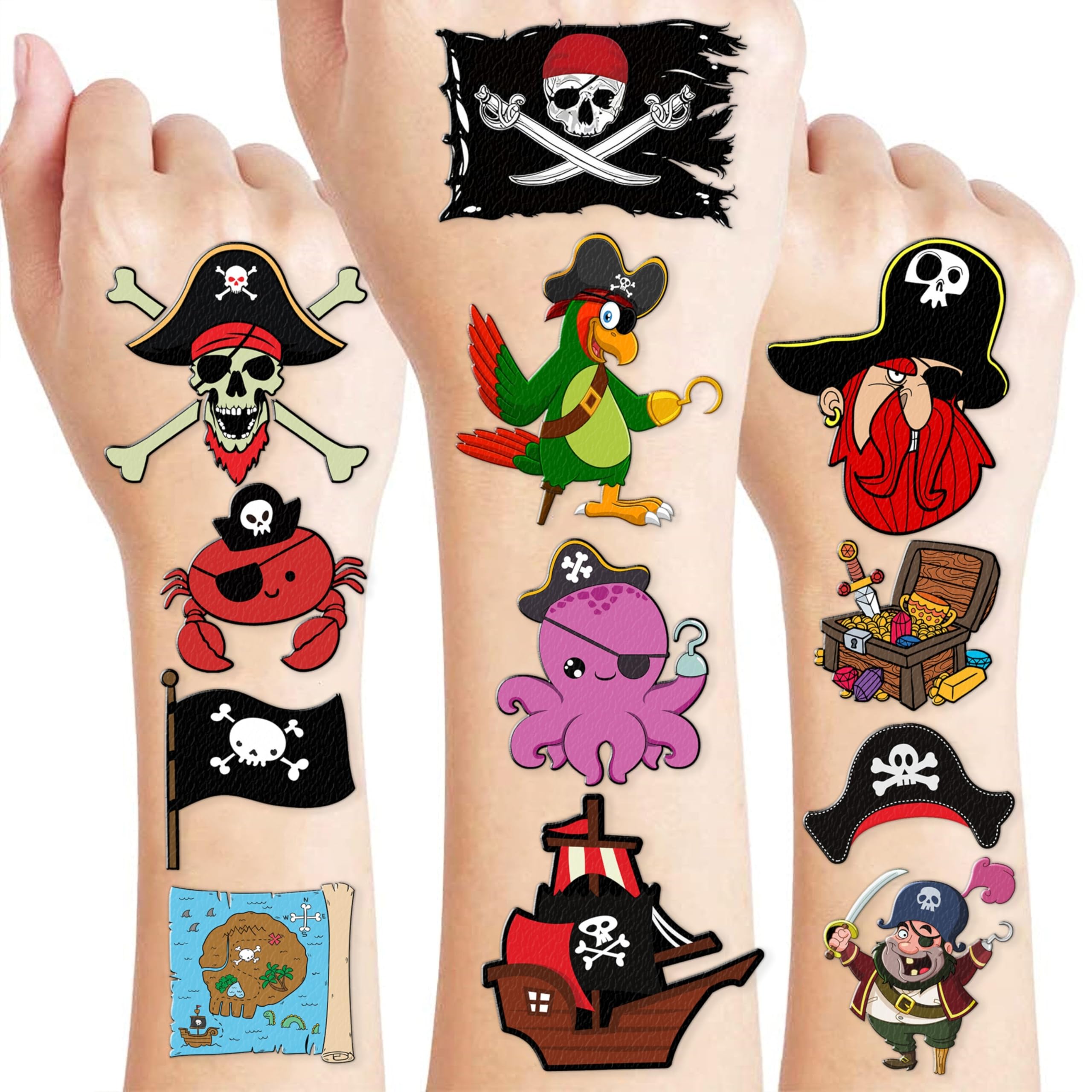 96PCS Pirate Pre-Cut Temporary Tattoos – Cute Pirate Ship, Mermaid, and Treasure Designs – Party Favors, Birthday Supplies, Classroom Rewards & Halloween Gifts
