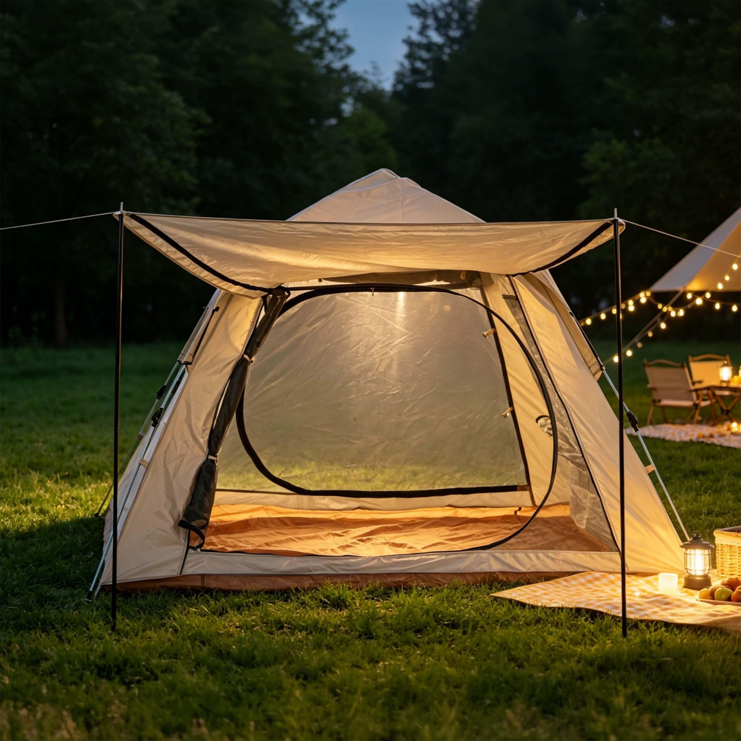 Relaxdays Tienda de campaña automática 3-4 Personas, Beige | montaje rápido, protección UV, con toldo, 155x240x240 cm
