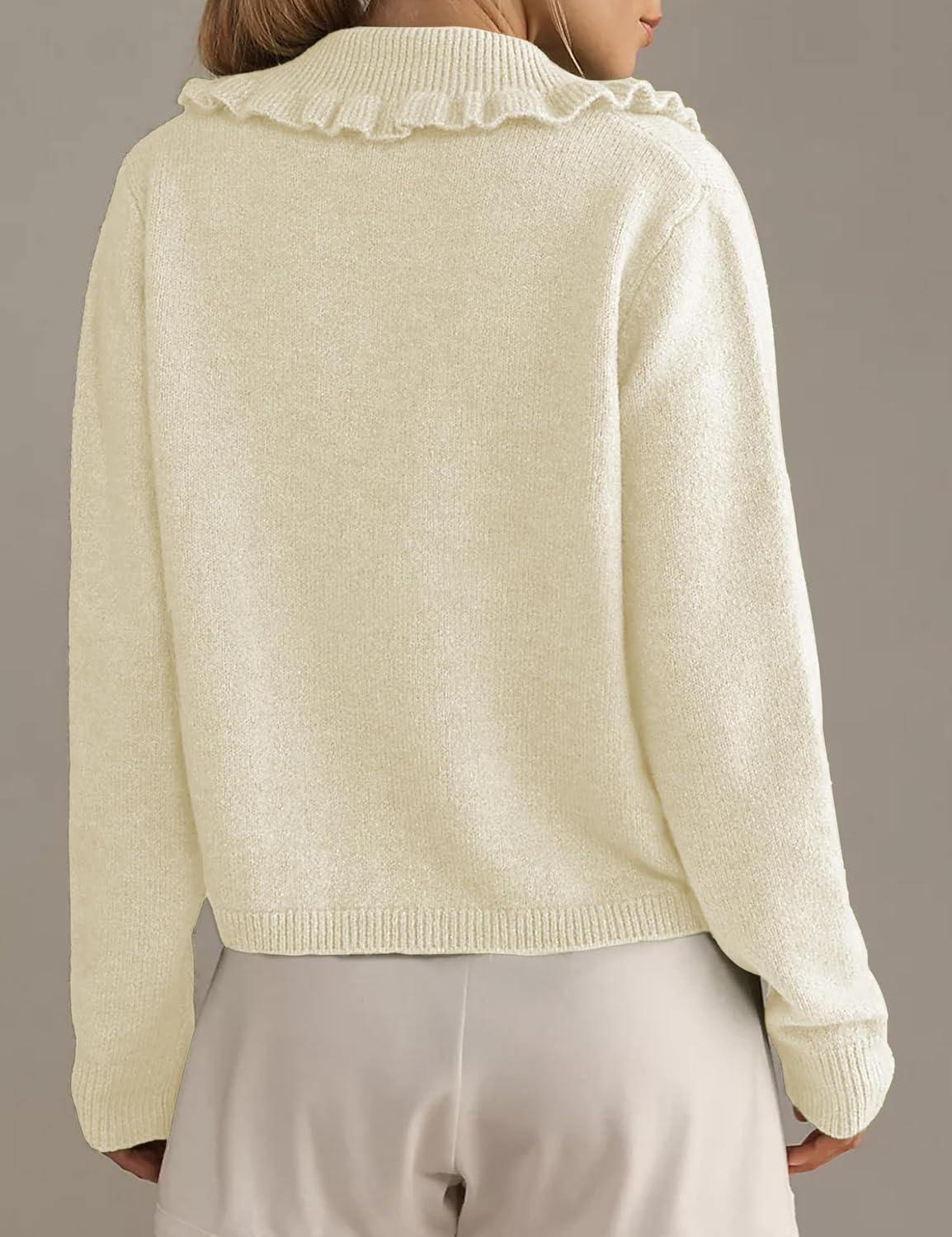 Womens Ruffle Cropped Sweater Open Front Outerwear Elegant Long Sleeve Knitted Cardigan Solid Button Jacket Fall Tops - Image 2