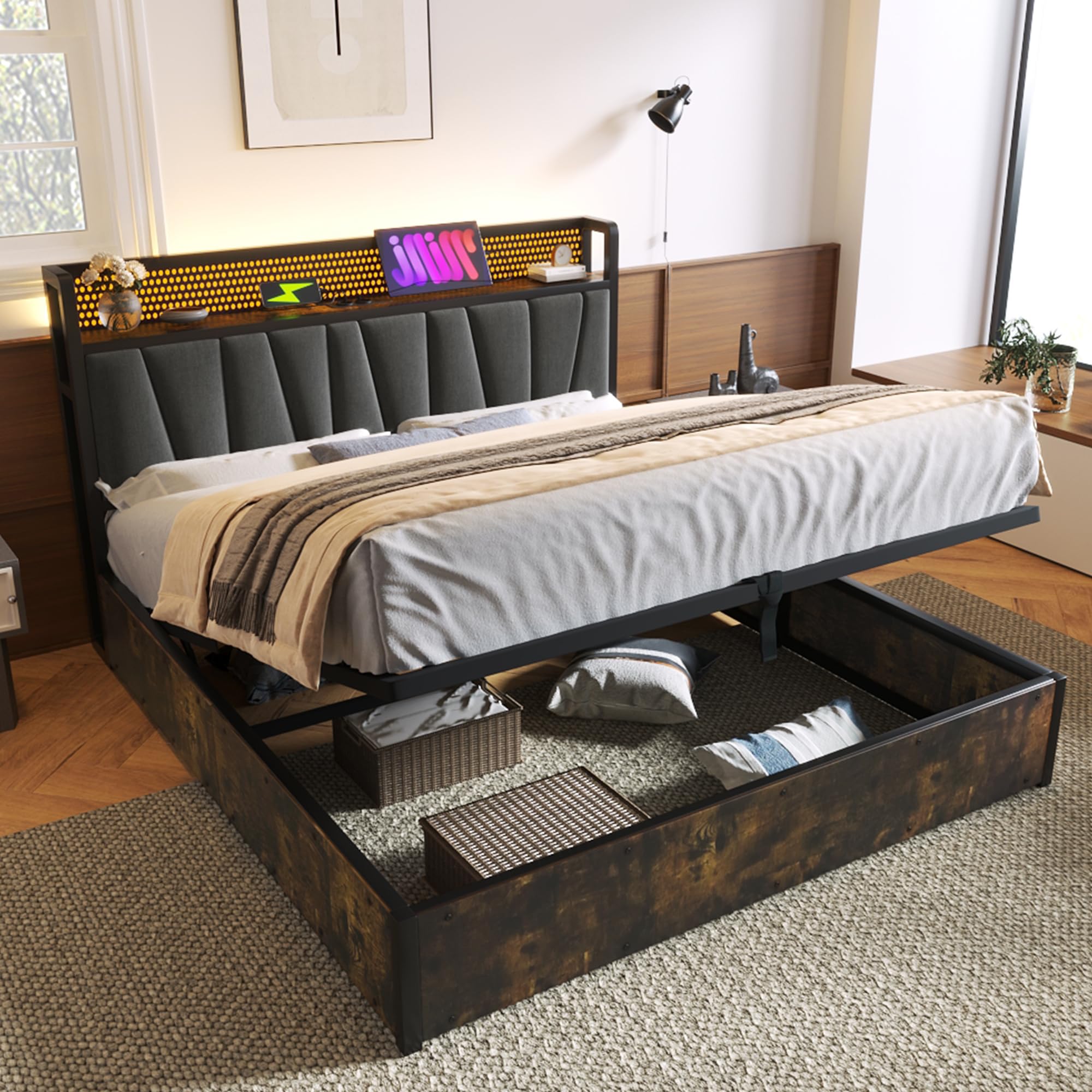 Rtopsu Letto Imbottito Letto Matrimoniale 180x200 con Illuminazione LED e USB Testata, Letti con Contenitore, Struttura del Letti con Telai in Metallo e Doghe in Legno, Lino, Grigio, Senza Materasso