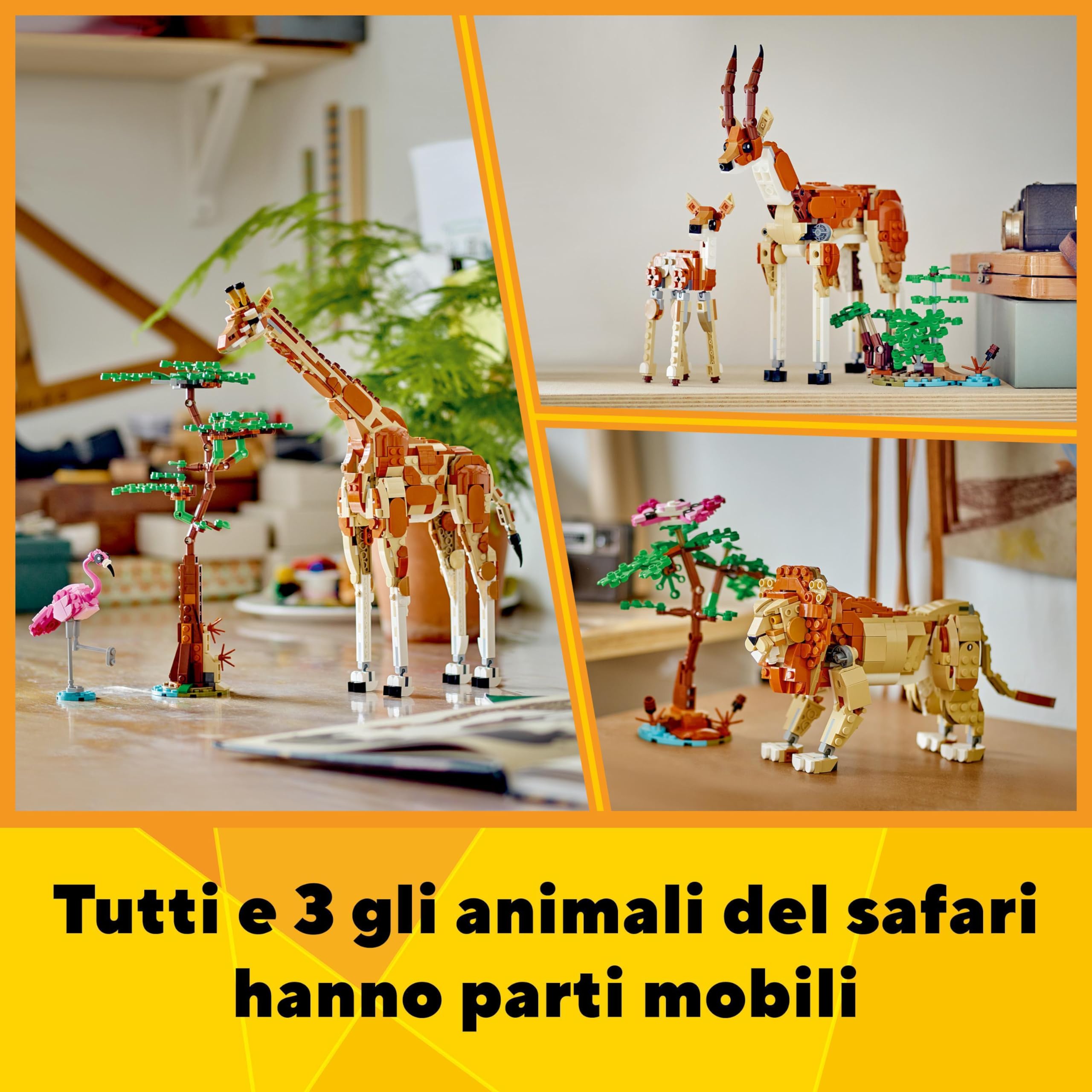 LEGO Creator 3 in 1 Animali del Safari, Giocattolo Trasformabile da Giraffa e Fenicottero in 2 Gazzelle o in Leone e Farfalla, Giochi per Bambine e Bambini da 9 Anni in su, Idea Regalo Creativa 31150