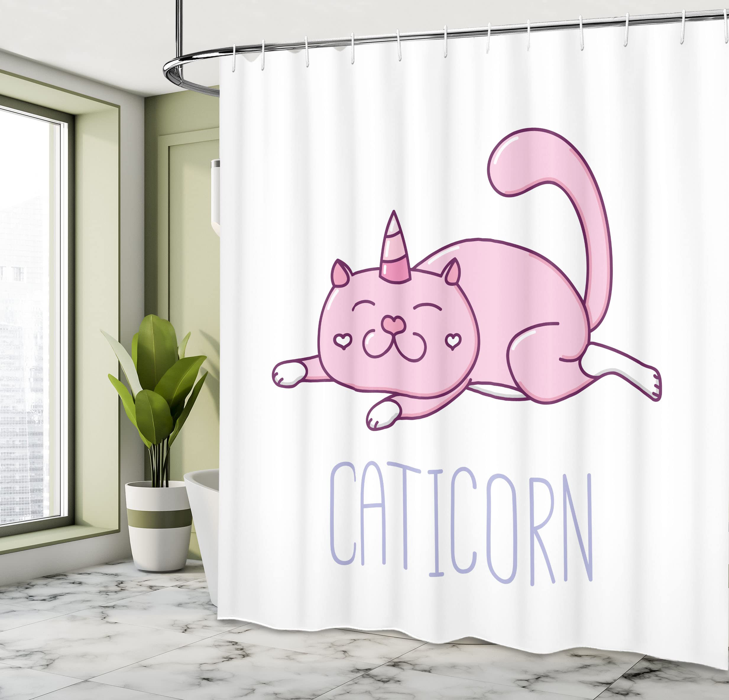 ABAKUHAUS Unicorn Cat Shower Curtain, Pink Cat a Horn and Funny Expression Lying Caticorn Cartoon Mascot - Image 4