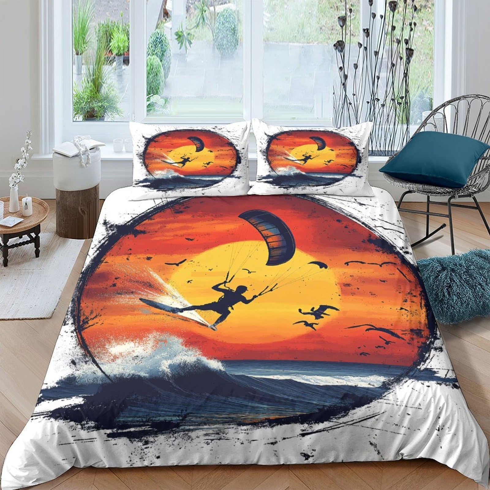 Ctjqhvkz Style-2 3D Printed Sunset Kitesurfing Fitted Sheet Microfiber Soft Breathable Ocean Wave Mattress Cover Bedroom Decor Single（135X200cm）