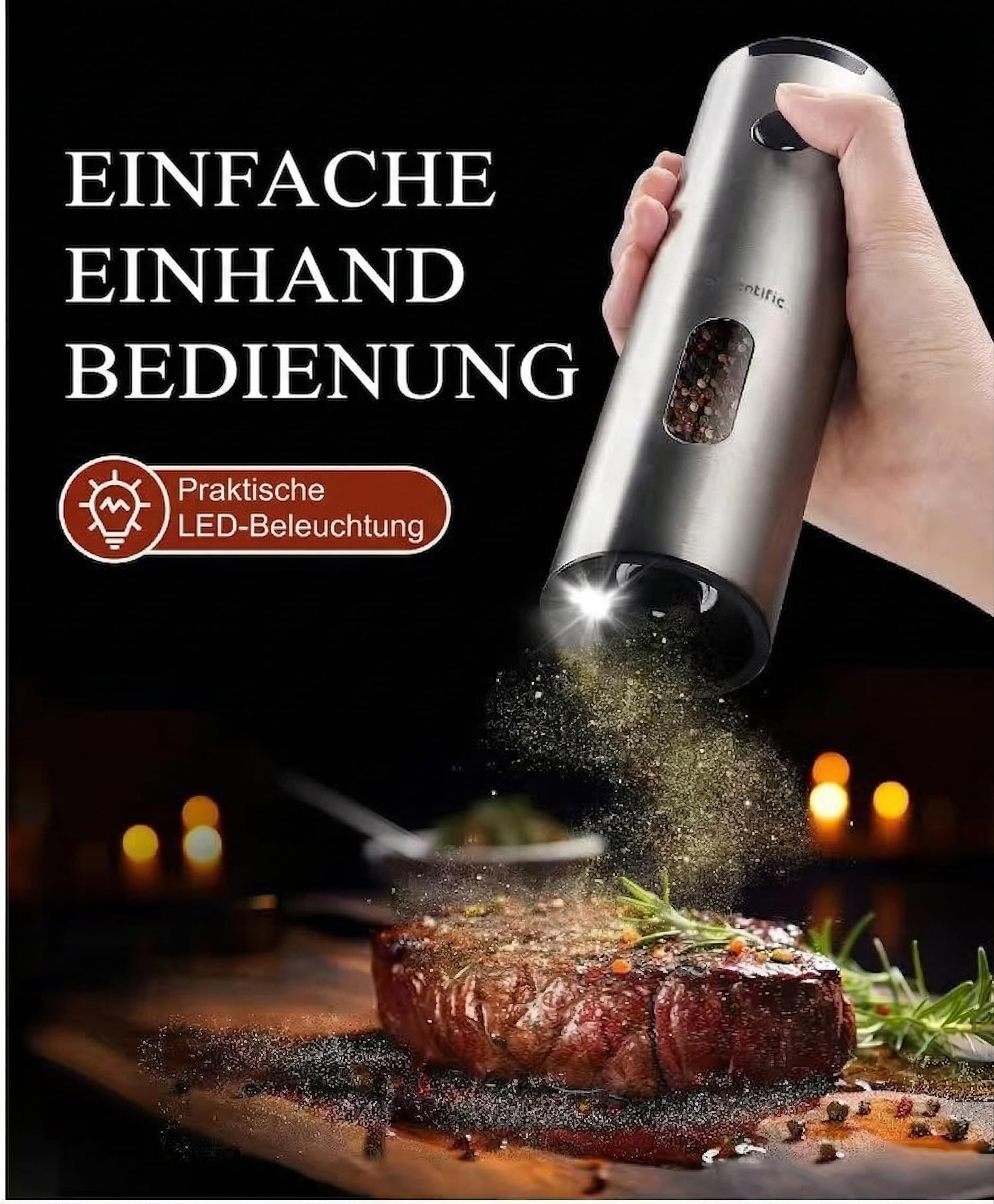 Salz und Pfeffermühle Elektrisch, Elektrische Gewürzmühle Set USB Wiederaufladbar Rostfreier Stahl mit Ladestation/6-Stufige Mahlgradeinstellung/Led-Licht, Küchenhelfer für die Küche