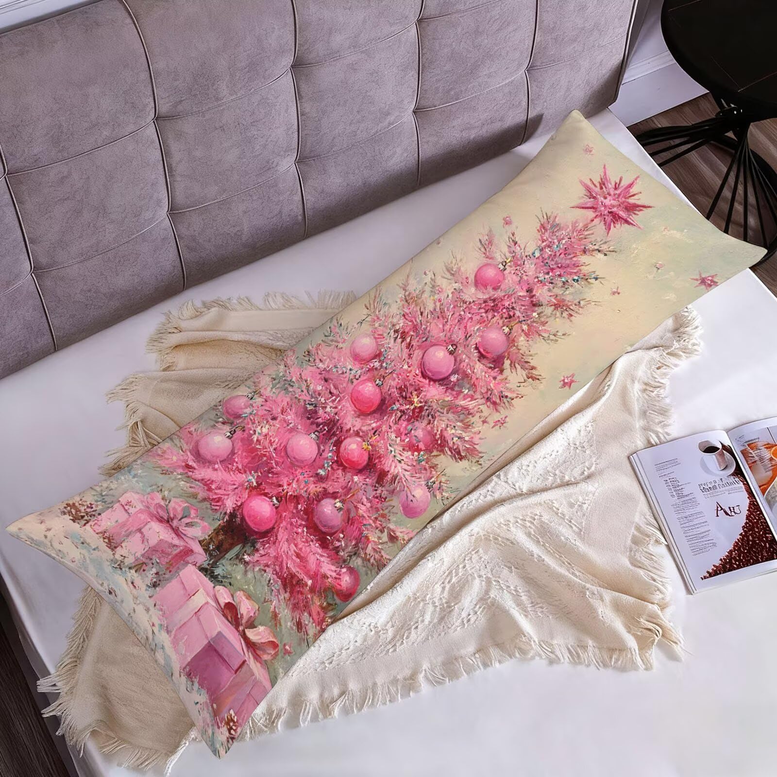 Poszewka na poduszkę 60 x 180 cm, dla osób śpiących na boku, różowa, kremowa, super miękka, dwustronna, długa poduszka z niewidocznym zamkiem błyskawicznym, do sypialni, na sofę, łóżko, w0-1766