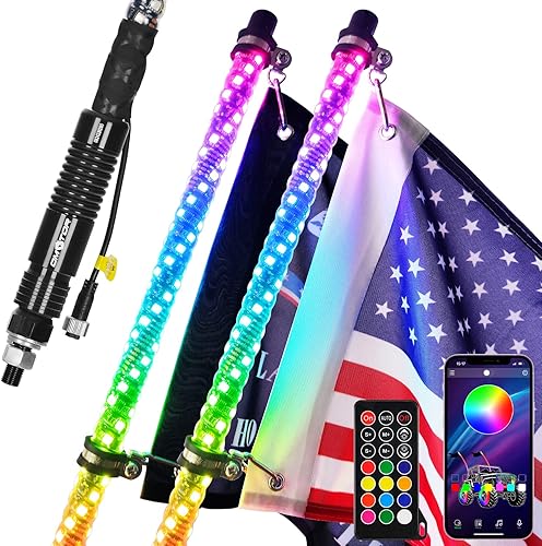 2 luces LED de 5 pies de alta densidad, nueva base de resorte mejorada con Bluetooth y control remoto, espiral RGB Chase Light Offroad 360 en