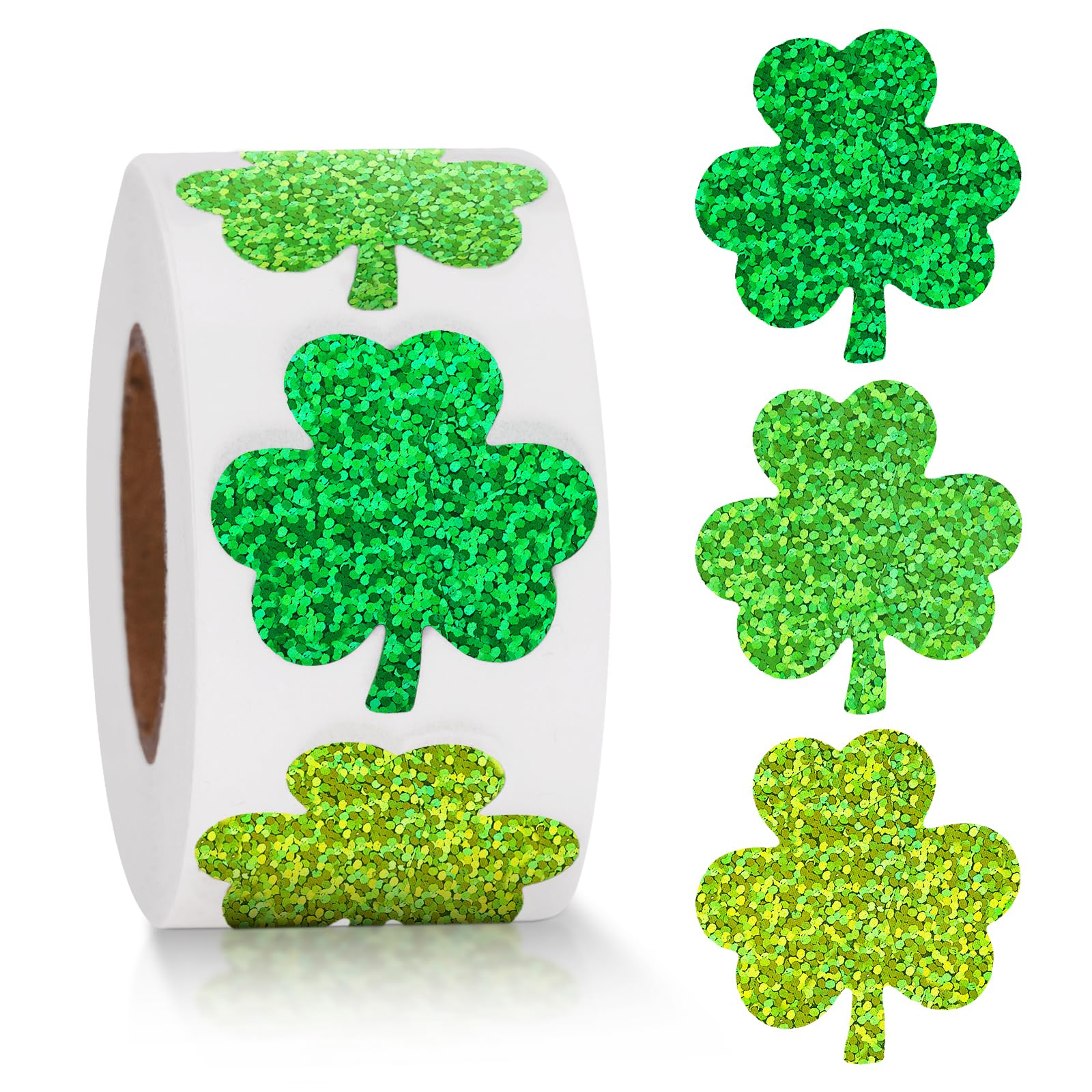 St. Patrick's Day Stickers 500Pcs Holographic Shamrock Stickers 1 Inch 3 Colors Clover Sticker Roll Self-Adhesive Irish Sticker for Envelope Seals Cards St. Patrick's Day Decorations (Green)
