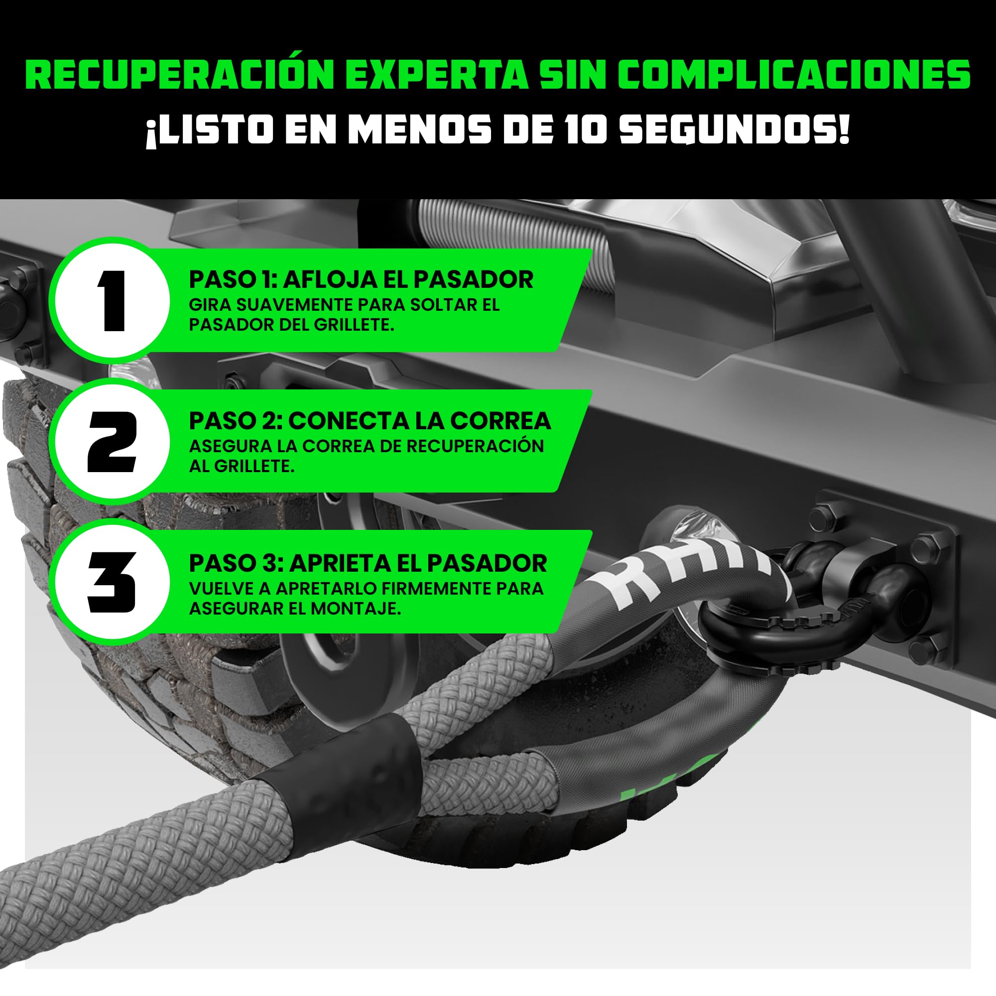 Rhino USA D-Ring Grilletes (2 Piezas) - Resistencia a la Rotura de 18.983 kg – Horquilla 1,9 cm con Pasador de 2,2 cm para Remolque y Uso 4X4 – Pares con Correa de Recuperación para Vehículos (Negro)