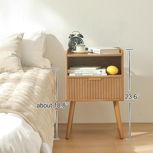 Miniatura 3 de AWASEN Mesita de noche acanalada, mesita de noche moderna de mediados de siglo con cajones de almacenamiento, mesita de noche de madera maciza para