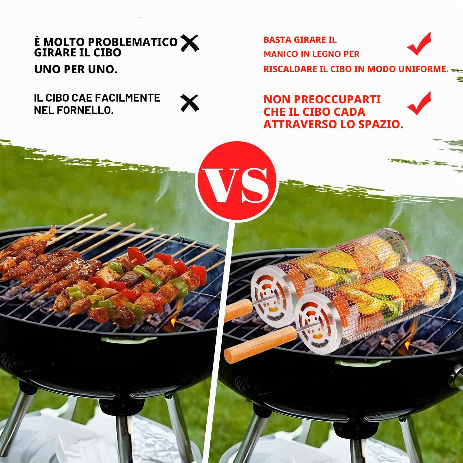 2 cestelli per griglia a rulli con manici in legno,Robusti accessori griglia in acciaio inox per grigliare verdure/gamberi/carne,Strumenti per grigliare da uomo per esterni,giardinaggio e campeggio