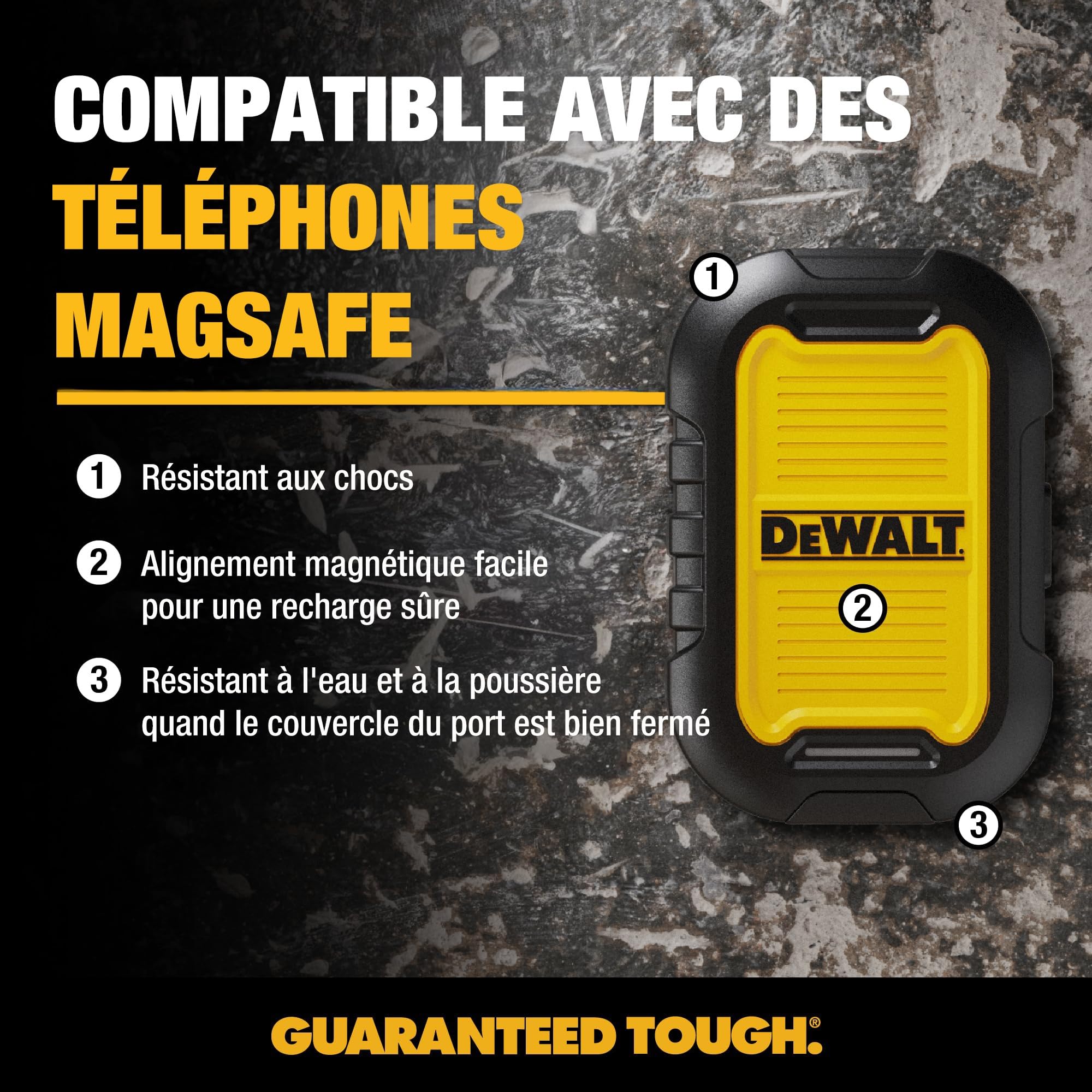 DEWALT Power Bank magnétique Robuste 5 000 mAh, Chargeur Portable sans Fil, Batterie 18W Charge Rapide, USB-C vers C avec Adaptateur USB 4’, résistant à l’Eau, Compatible Magsafe iPhone 17/16/15/14