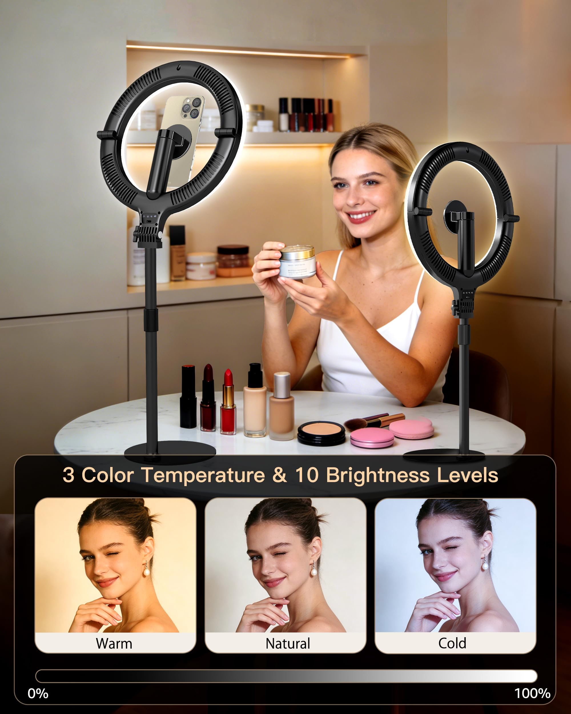 NiceVeedi Luce ad anello da 25,4 cm per registrazione video, 5000 mAh, pieghevole, per selfie, con supporto e supporto magnetico per telefono, luce halo per videoconferenze, per live streaming