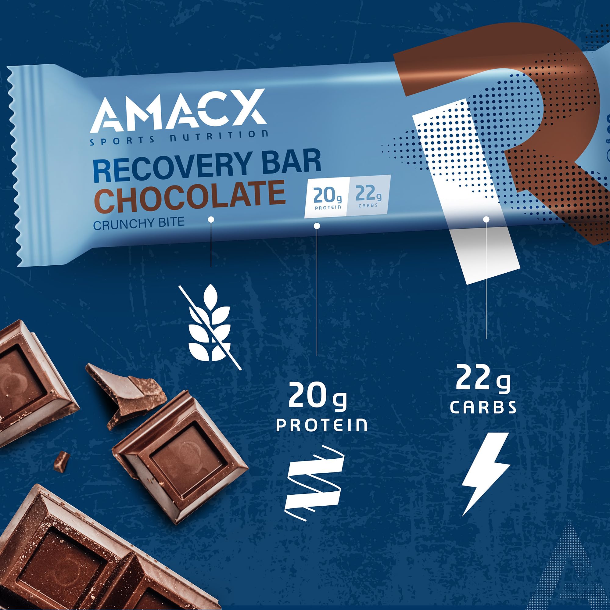 AMACX Barre Protéinée Post-Entraînement – Healthy Snacks Protéiné Recovery – Paquet de 12 – 20g de Protéines par Barre avec Whey Protein – Enrobage Chocolat – Nutrition Sportive – Chocolat