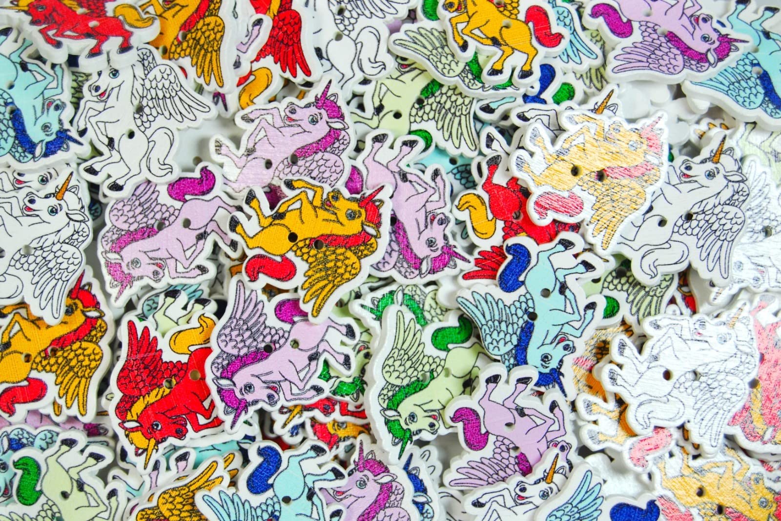 celloexpress Printed Wooden Buttons - Unique Childrens Cartoon Designs for Sewing & Embroidery (Pegasus Type 1-32mm, Pack of 100)
