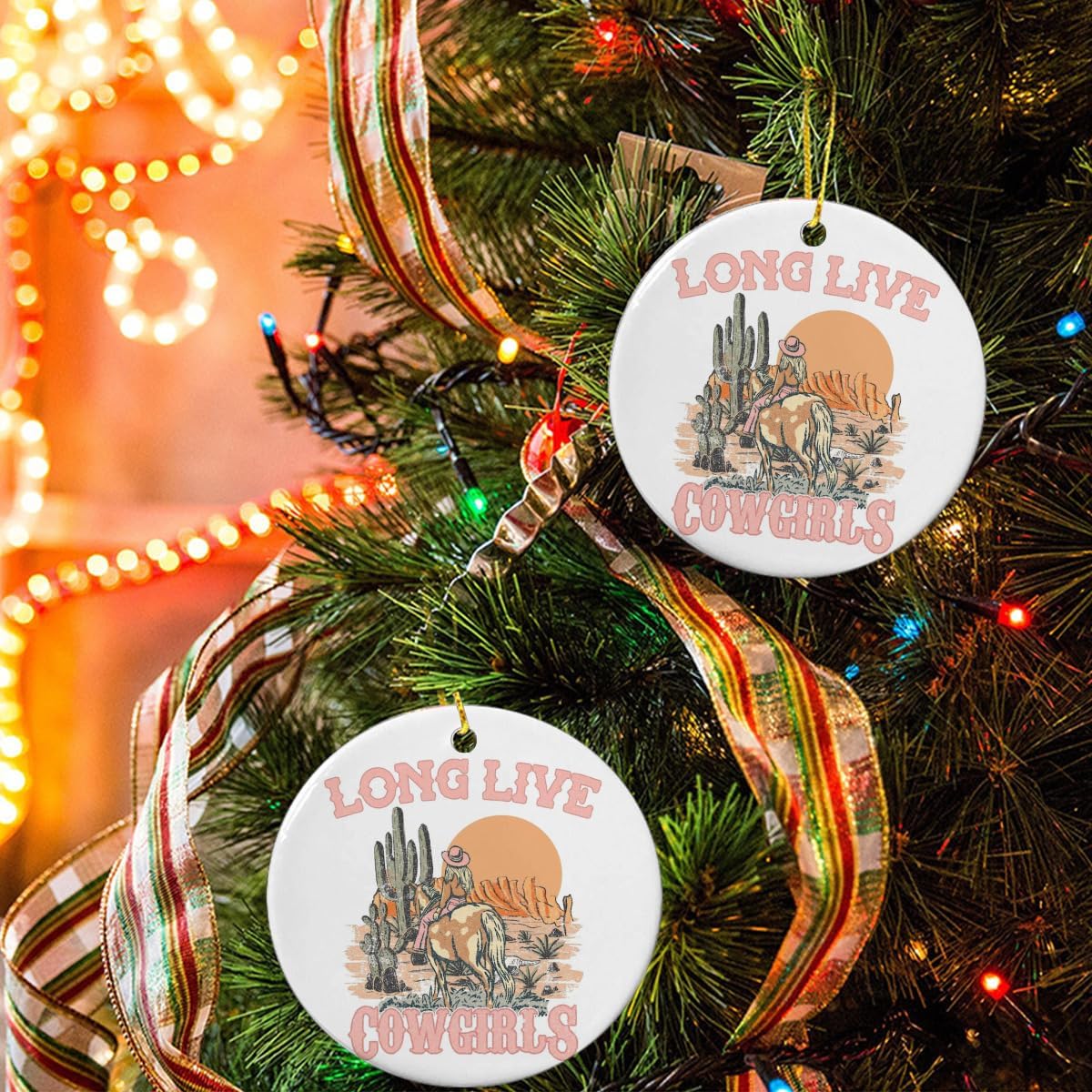 Western Retro Cowgirl The World Christmas Ceramic Ornaments Porcelain Pendant Xmas Tree Hanging Ornaments for Home Holiday Decoration Gift