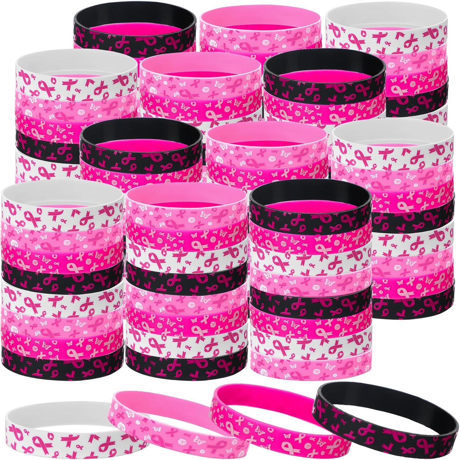 Patelai 100 Pcs Breast Cancer Awareness Bracelets Pink Ribbon Wristbands