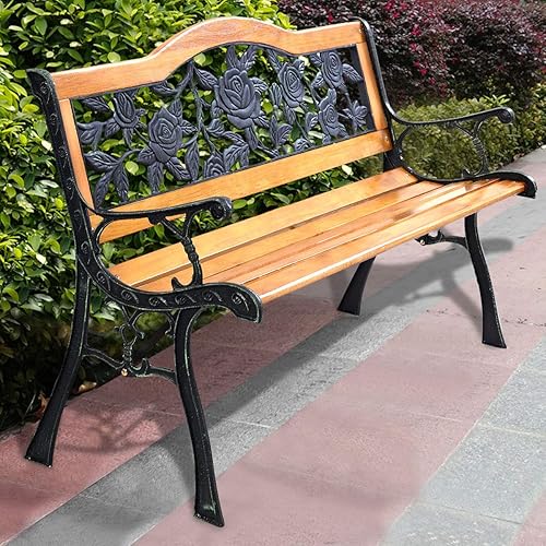 Giantex 50 Inch Patio Bench, Outdoor Furniture Rose Cast Iron Hardwood Frame Porch Loveseat, Weather Proof Porch Path Chair for 2 Person Outside Bench