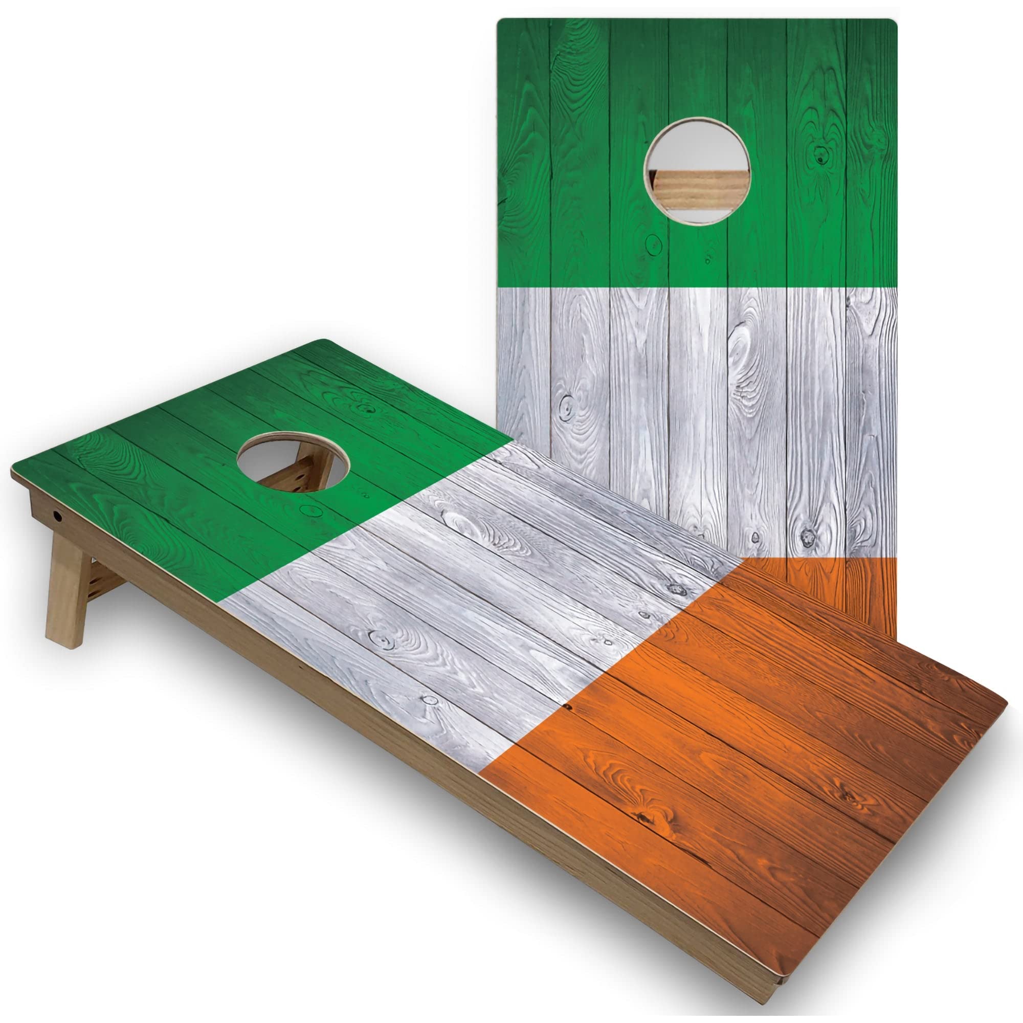 Skip's Garage Ireland Flag Corn Hole Set - Regulation Size Portable Cornhole Game - Solid Wood or All-Weather