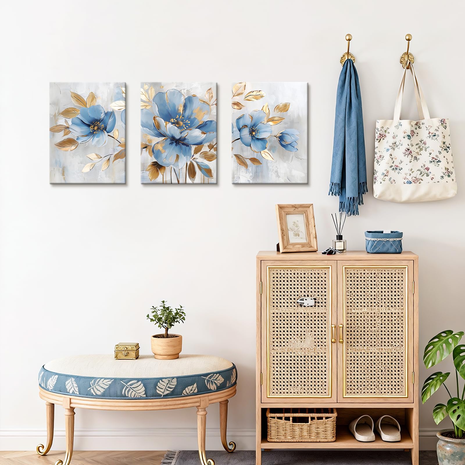 Fiori di peonie bianche blu Stampa su tela con cornice Verde Foglie Floreale Pittura Quadri su tela Quadri Moderni Poster da parete Stampe da Parete soggiorno Camera da letto Ristorante 50x120cm