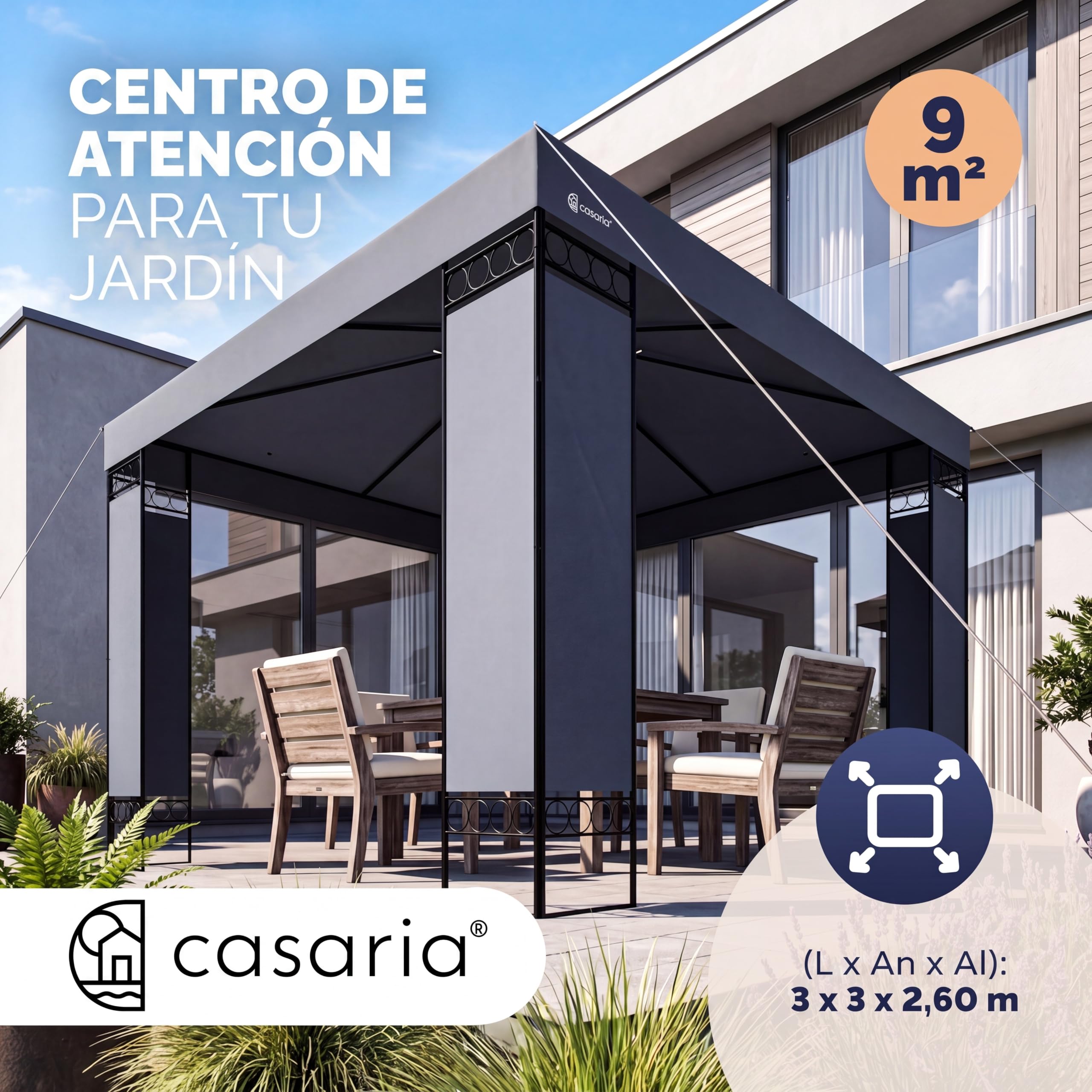 Casaria Cenador Lorca Jardín 3x3m Pabellón Pérgola Carpa Protec. UV 50+ Repele Agua Doble Techo